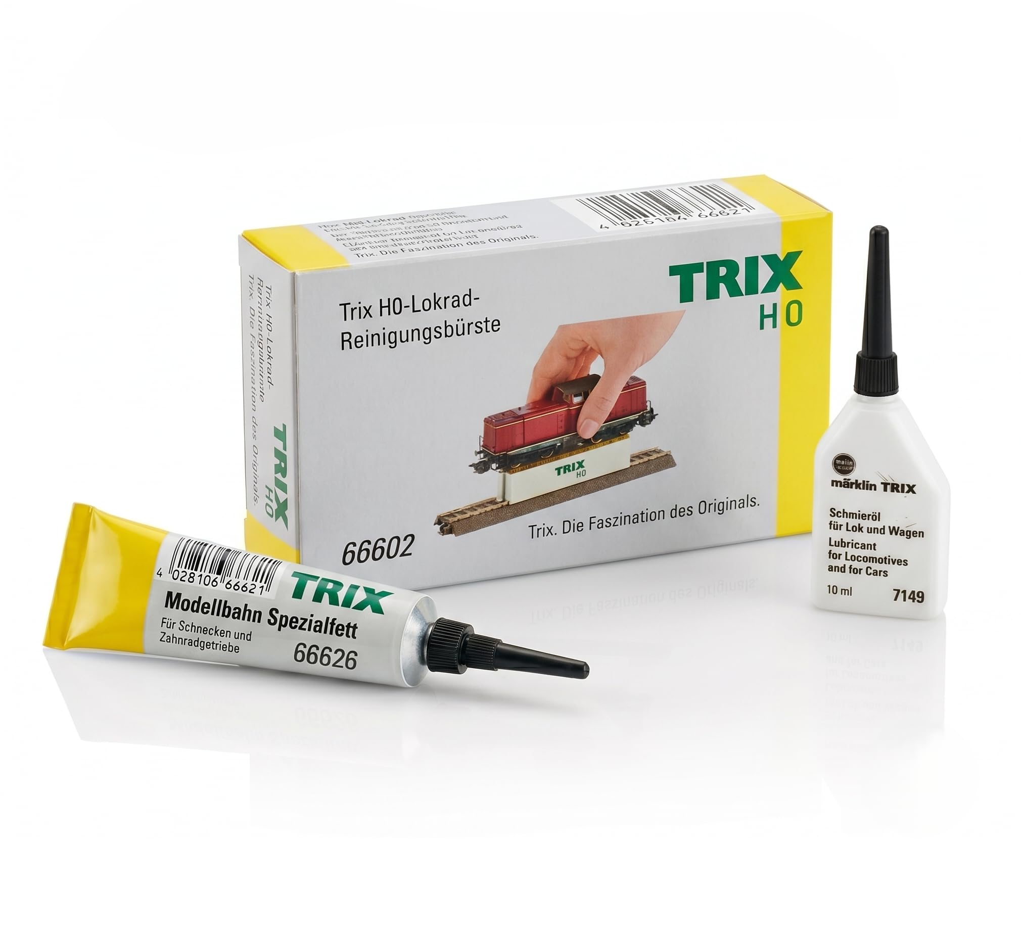 Kit Manutenzione Locomotiva H0 con Spazzola Trix 66602, Grasso Trix 66626 & Olio Märklin 7149 | Set per la Cura Modellismo Ferroviario | 1x Personaggio H0 da Collezione Casuale