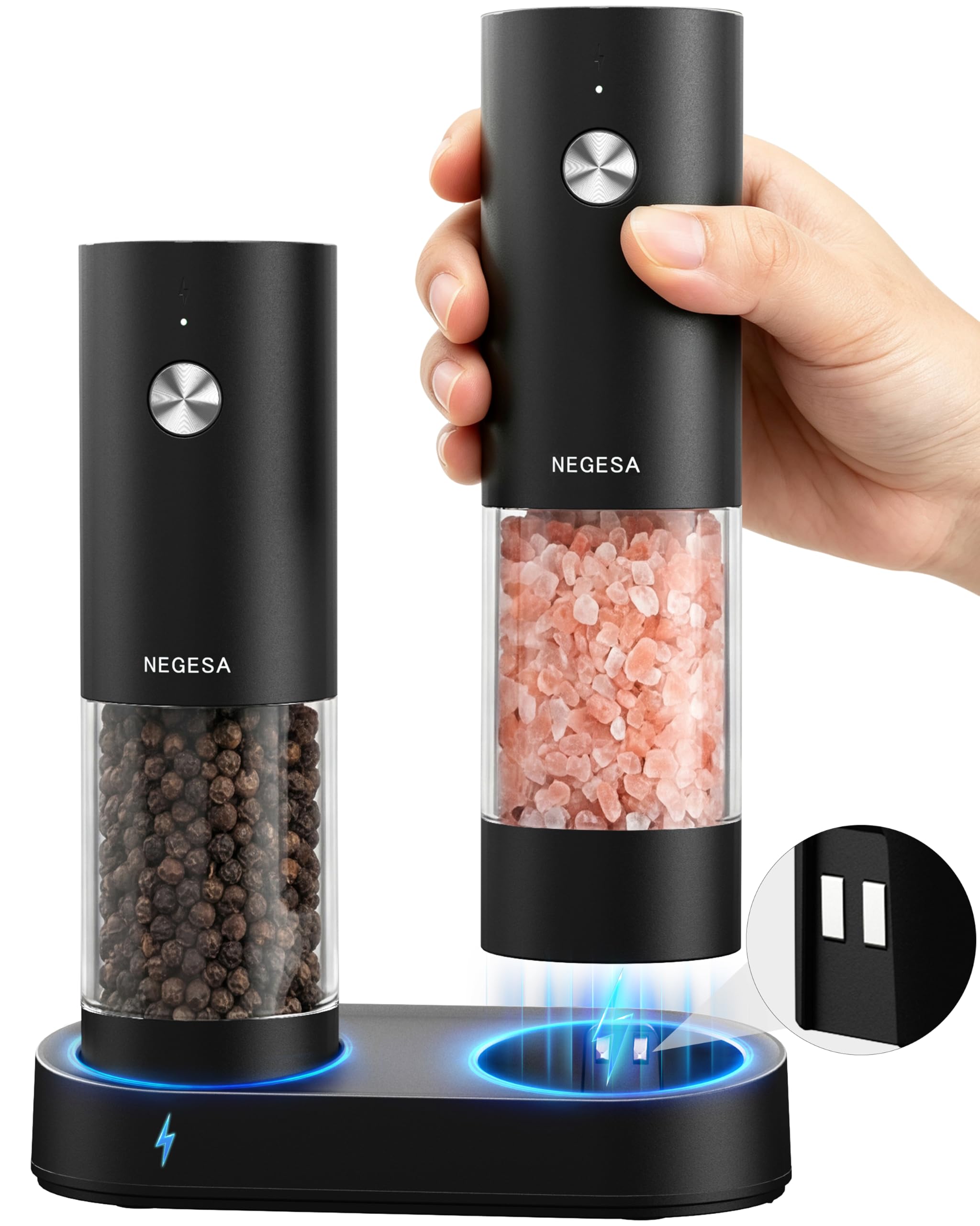 Electric Salt and Pepper Grinder Set, Rechargeable USB Base, Automatic One-Hand Operation