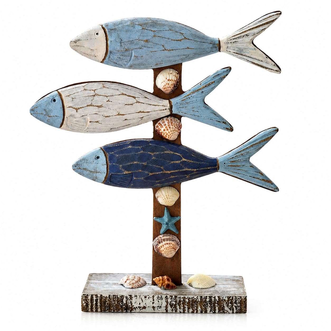 Mediterranean Wooden Fish Decor Coastal Nautical Tabletop Sculpture