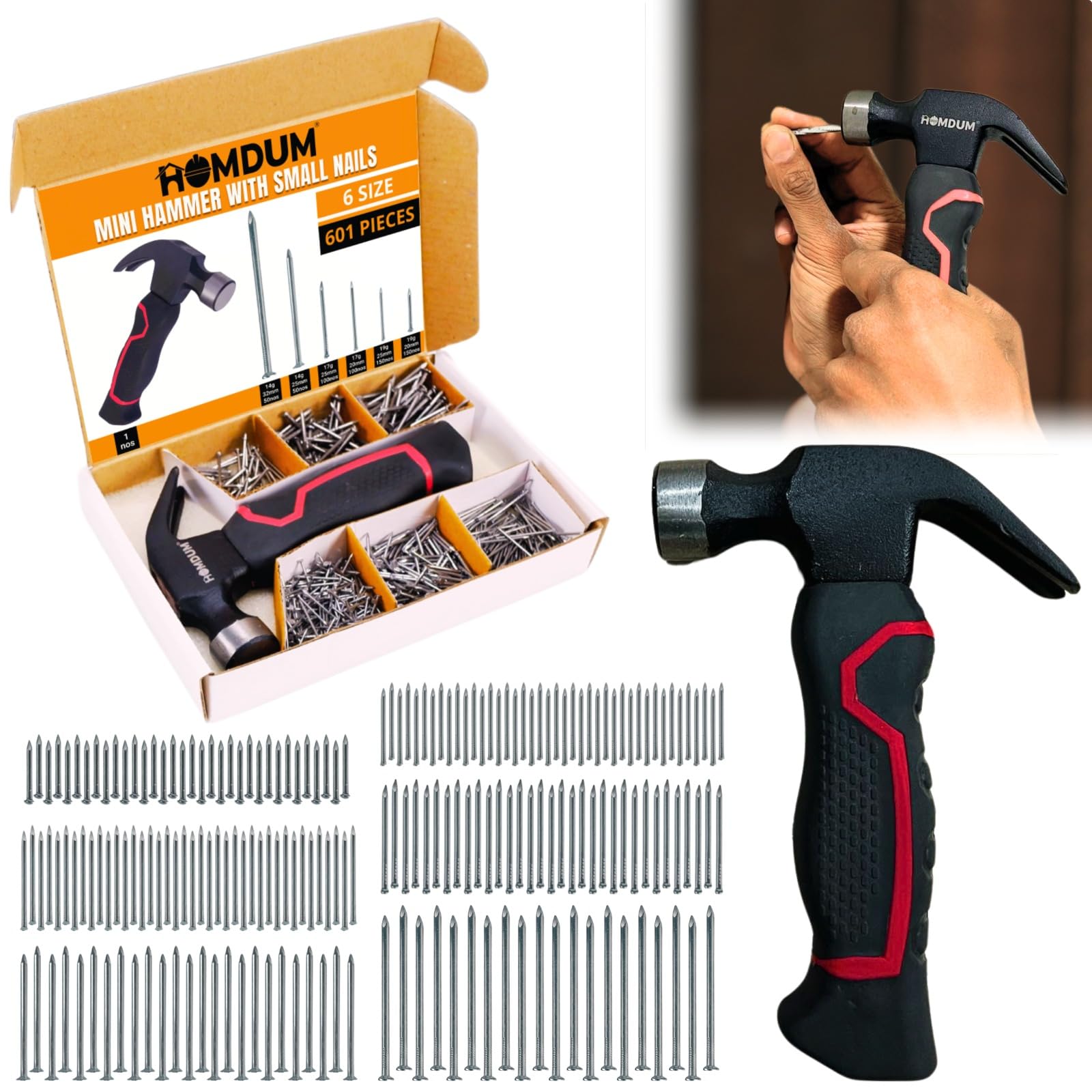 Homdum 600PCs Small Nails for Hanging Pictures Assortment Kit & 8oz Small Hammer, Mini Hammer with Hardware Roofing Nails Assorted Set
