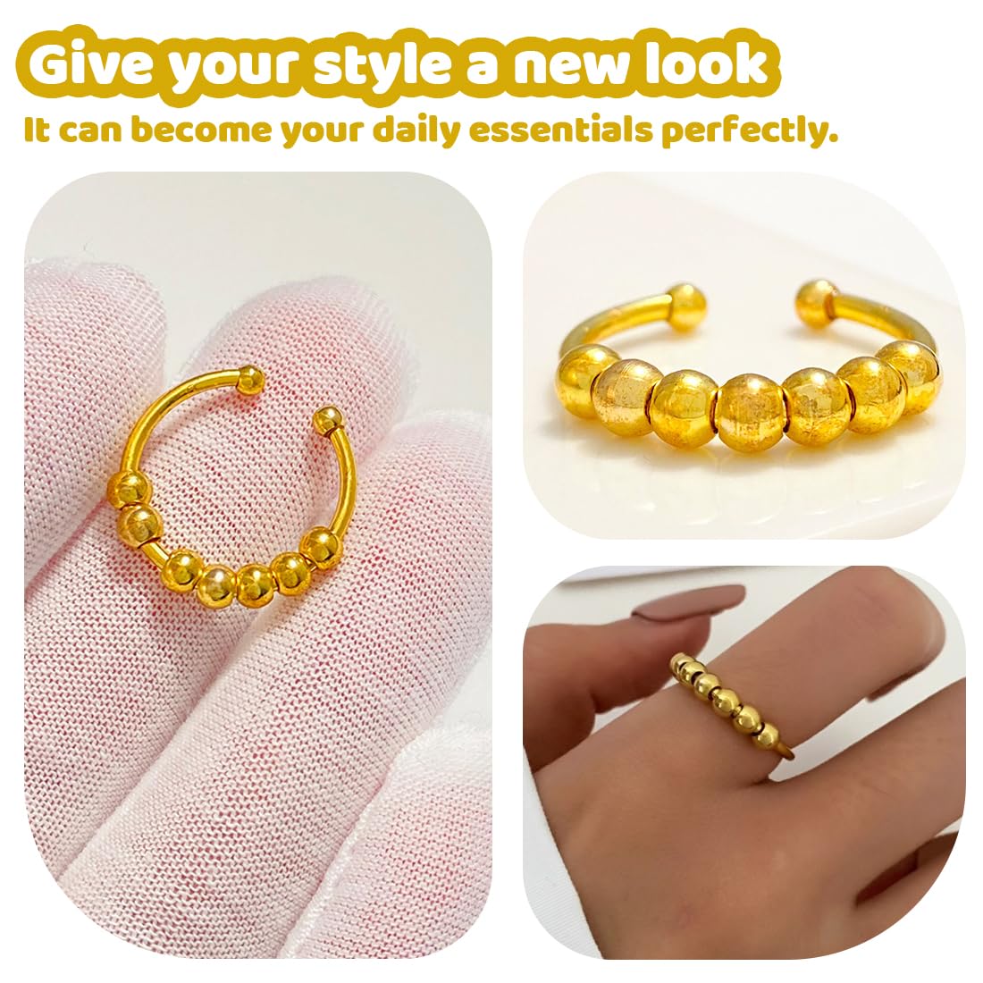 6 sztuk antystresowych pierścionków Fidget Ring z perłami – otwarty spinner dla pań – czarny, srebrny, złoty, różowe złoto – pierścienie antystresowe łagodzące lęki dla dziewcząt i kobiet