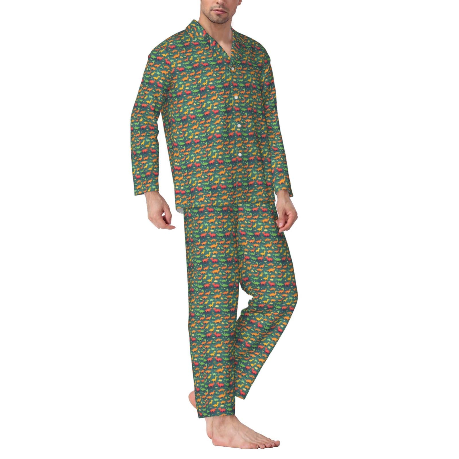 Langärmeliges Pyjama-Set für Herren, Motiv: viele kleine Dinosaurier, zweiteilig, bequeme Nachtwäsche