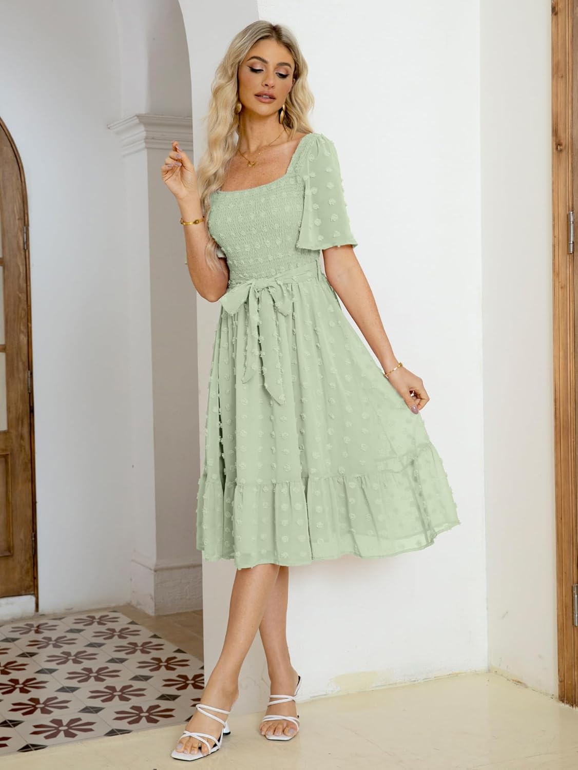 Amegoya Women's Boho Flowy Long Sleeve Square Neck Floral Midi Dress Smocked Spring Fall Wedding Guest Dresses