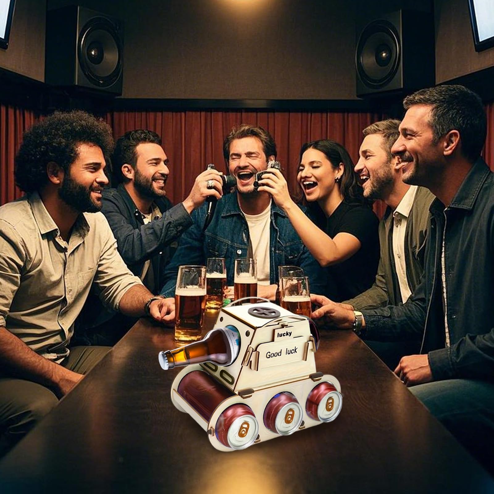 Divertido portacerveza de madera en diseño de tanque, regalos originales para hombres, 30, 40, 50 para amantes de la cerveza, ideal para Oktoberfest único portacerveza de regalo