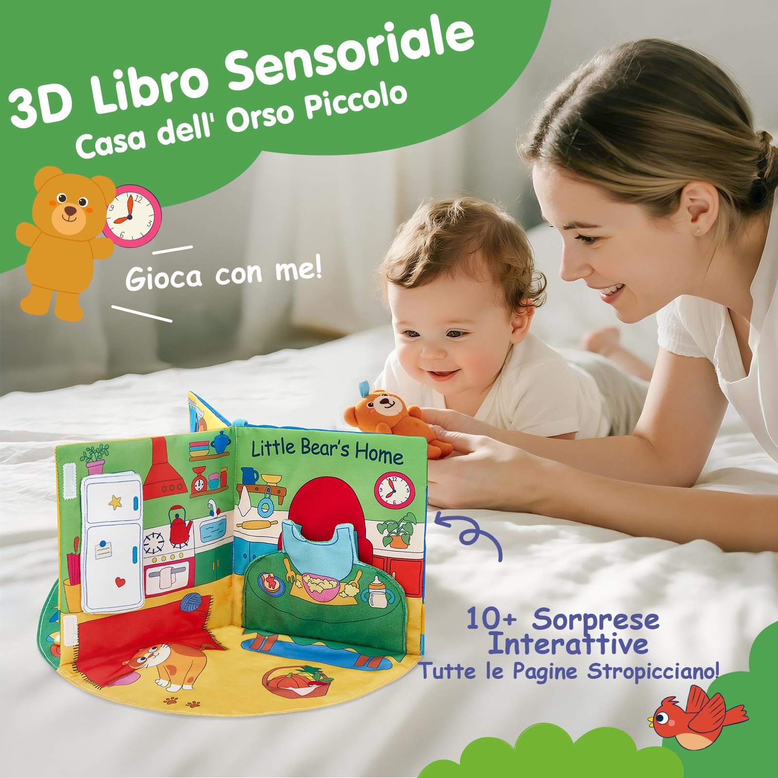 hahaland Libro Sensoriale Neonati 6-12 Mesi, 3 in 1 Morbidi Libro Montessori Interattivo con Specchio & Orsetti Rimovibili, Libri di Stoffa Giochi Tummy Time Neonato Giocattol 3 6 9 12 Mesi