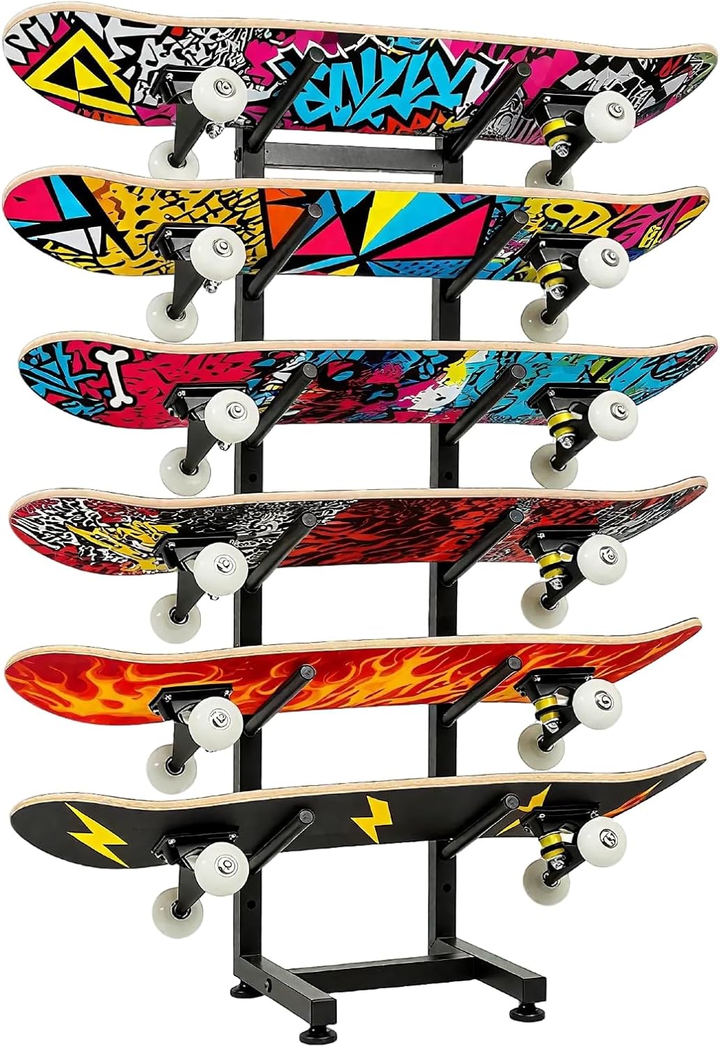 6-Tiers Skateboard Racks Floor Stand, Skateboard Wall Mount, Snowboard Racks, Skateboard Wall Decor For Homes Garages Skate Shops Gym(Black)