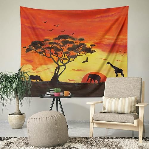 Miniatura 4 de Tapiz de animales pequeños, pintados a mano con diseño de safari africano, elefante, árbol, silueta de árbol, tapices de tela para colgar