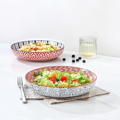 Miniatura 9 de Selamica Juego de 6 cuencos de porcelana para pasta de 26 onzas cuencos de ensalada de 8 pulgadas de ancho y poco profundos aptos para microondas y