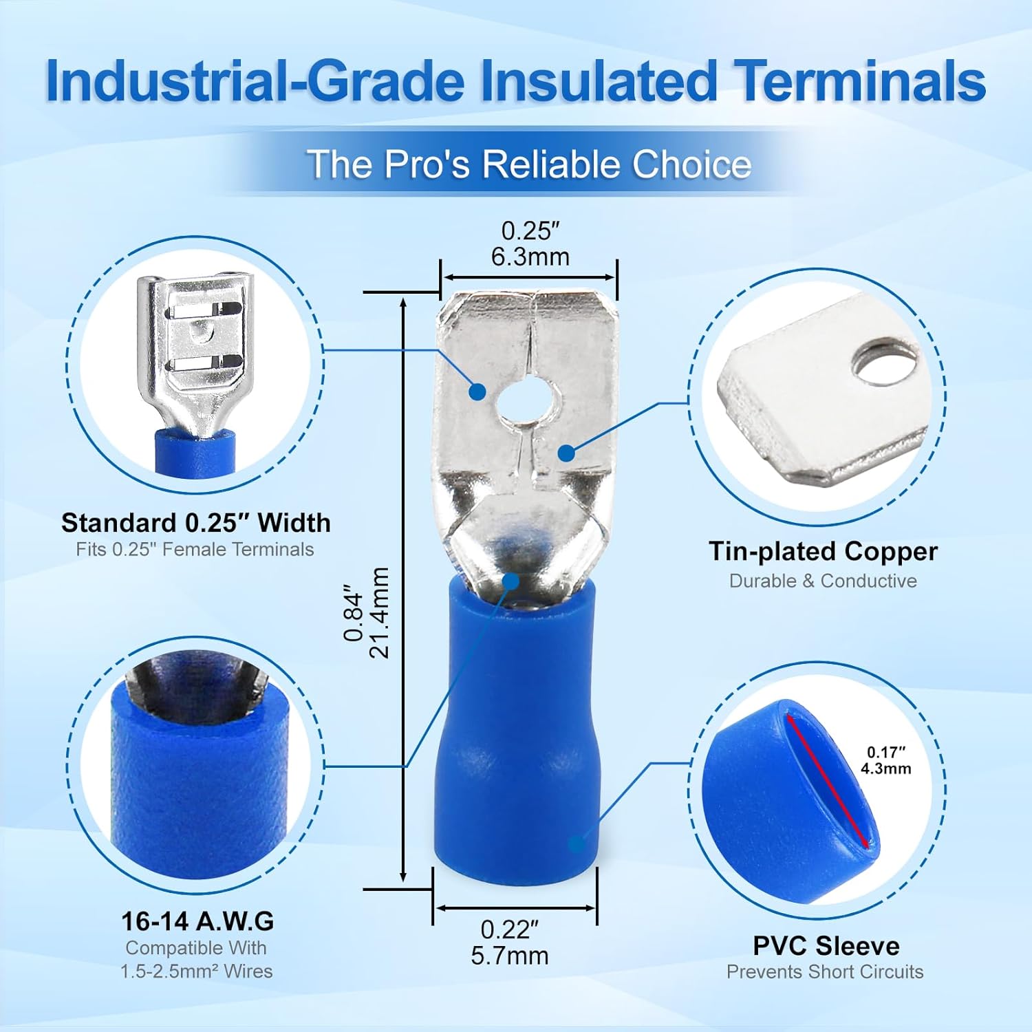 Baomain 1000-Pack 1/4" Male Quick Disconnect Spade Connectors,16-14 AWG 6.3mm (0.25 Inch), Insulated Terminals Blue