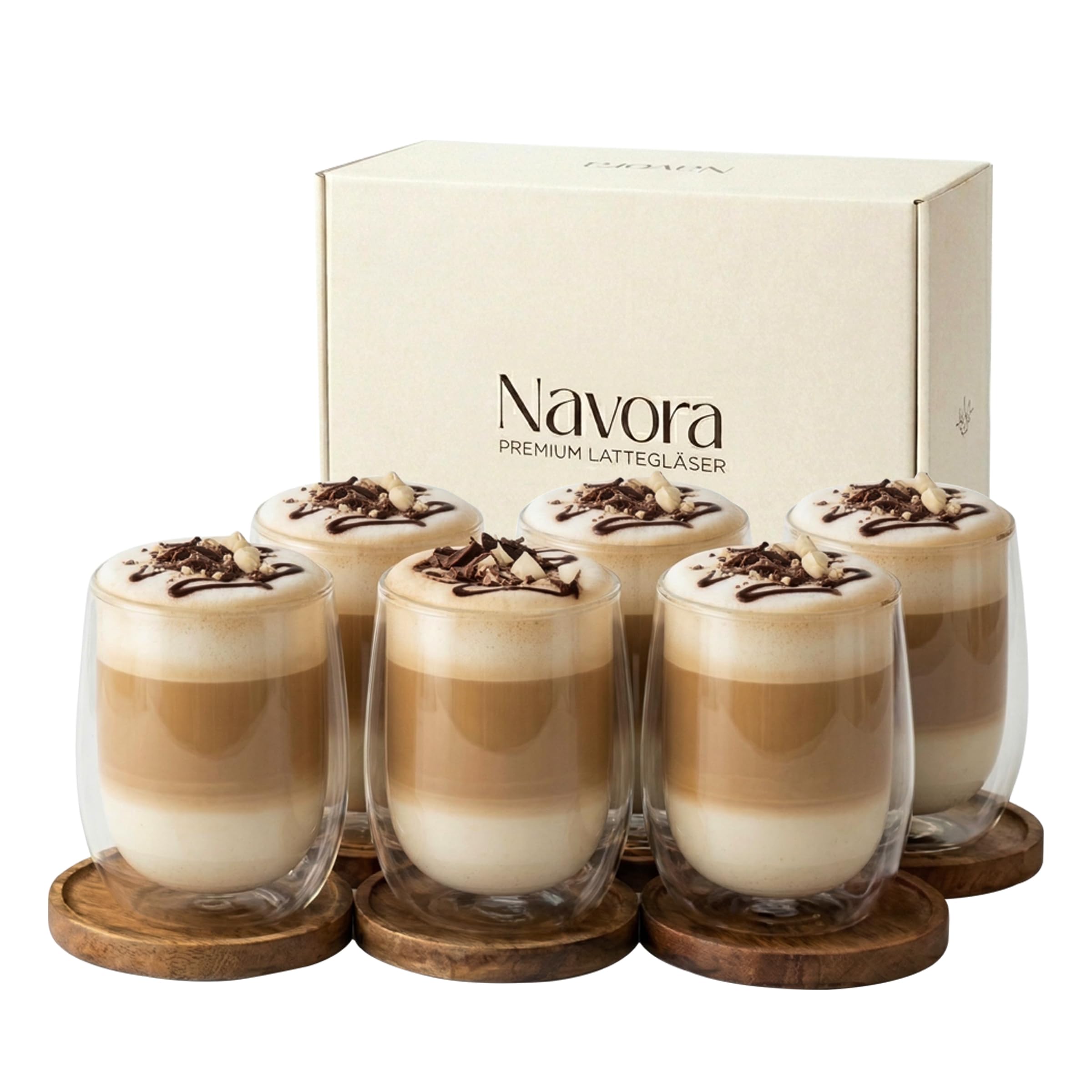 Latte Macchiato Gläser Doppelwandig 6er Set 350ml Akazienholz Tablett Thermogläser Cappuccino Kaffeegläser Borosilikatglas Hitzebeständig BPA frei Spülmaschinenfest