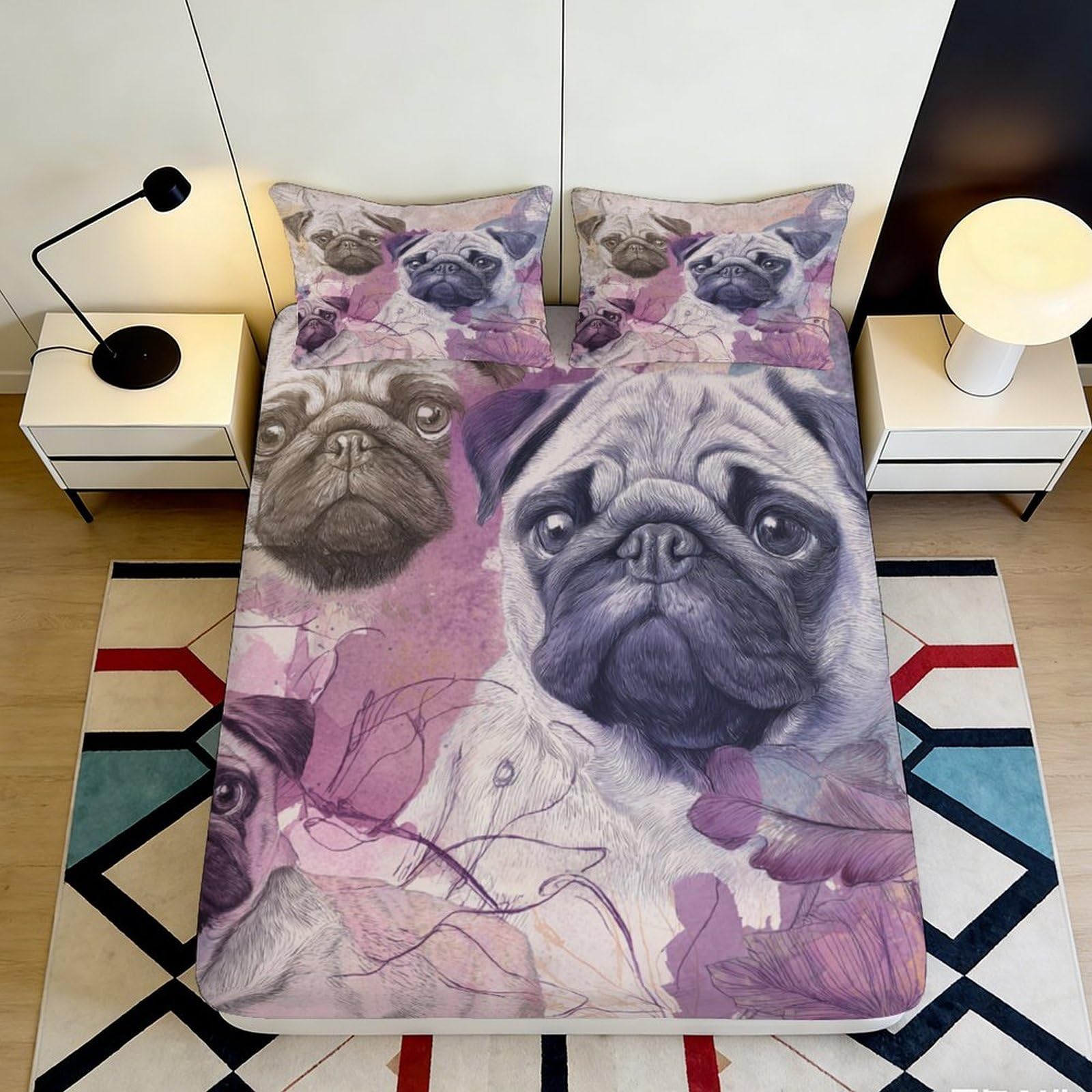 3D Printed Pug Illustration Fitted Sheet Microfiber Soft Purple Dog Art Mattress Cover for Bedroom Dorm Decor 160x200x25cm
