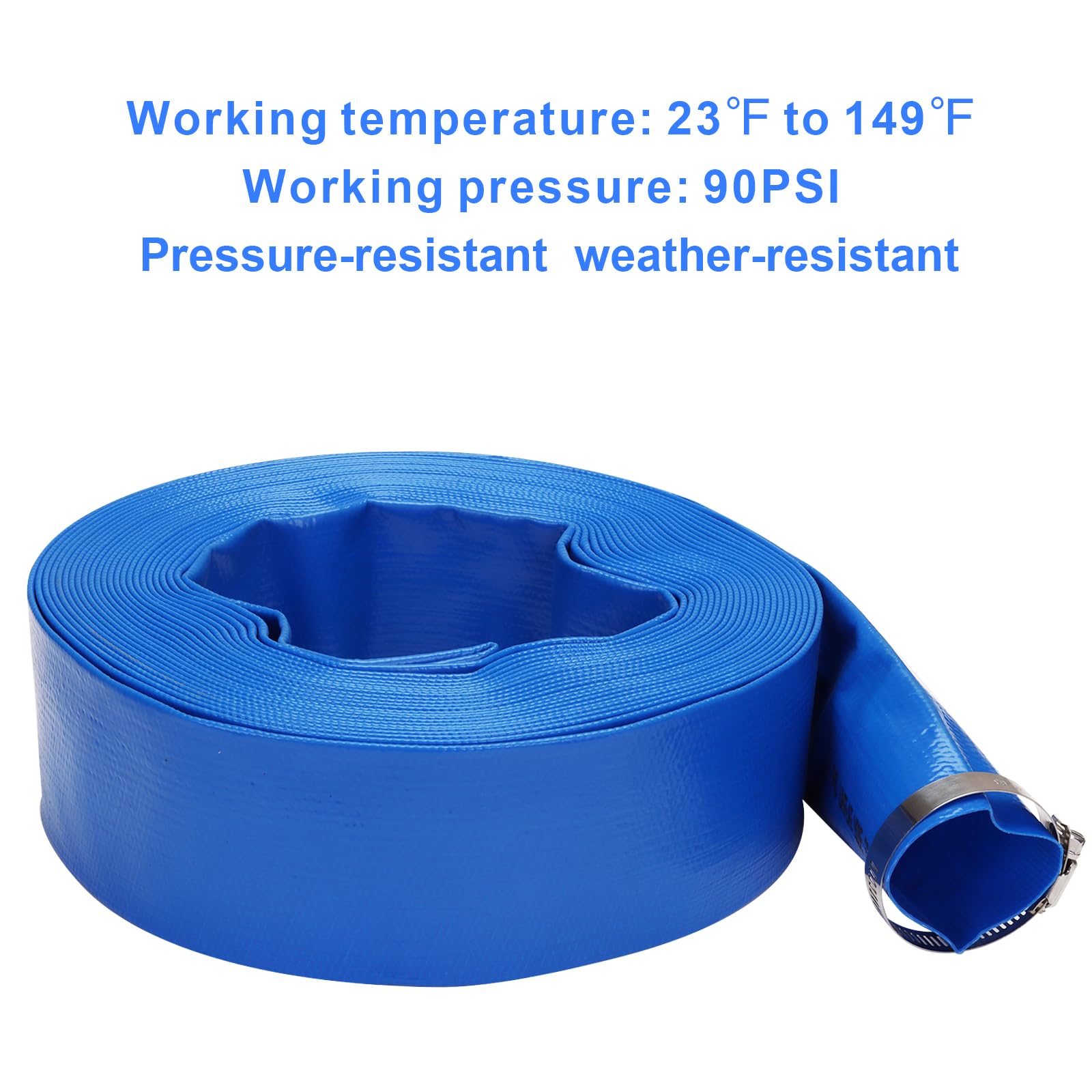 Lay-Flat - Manguera de descarga de PVC reforzada de 2 pulgadas x 50 pies, manguera de drenaje de piscina de vinilo resistente a la intemperie para transferencia de agua con 2 abrazaderas