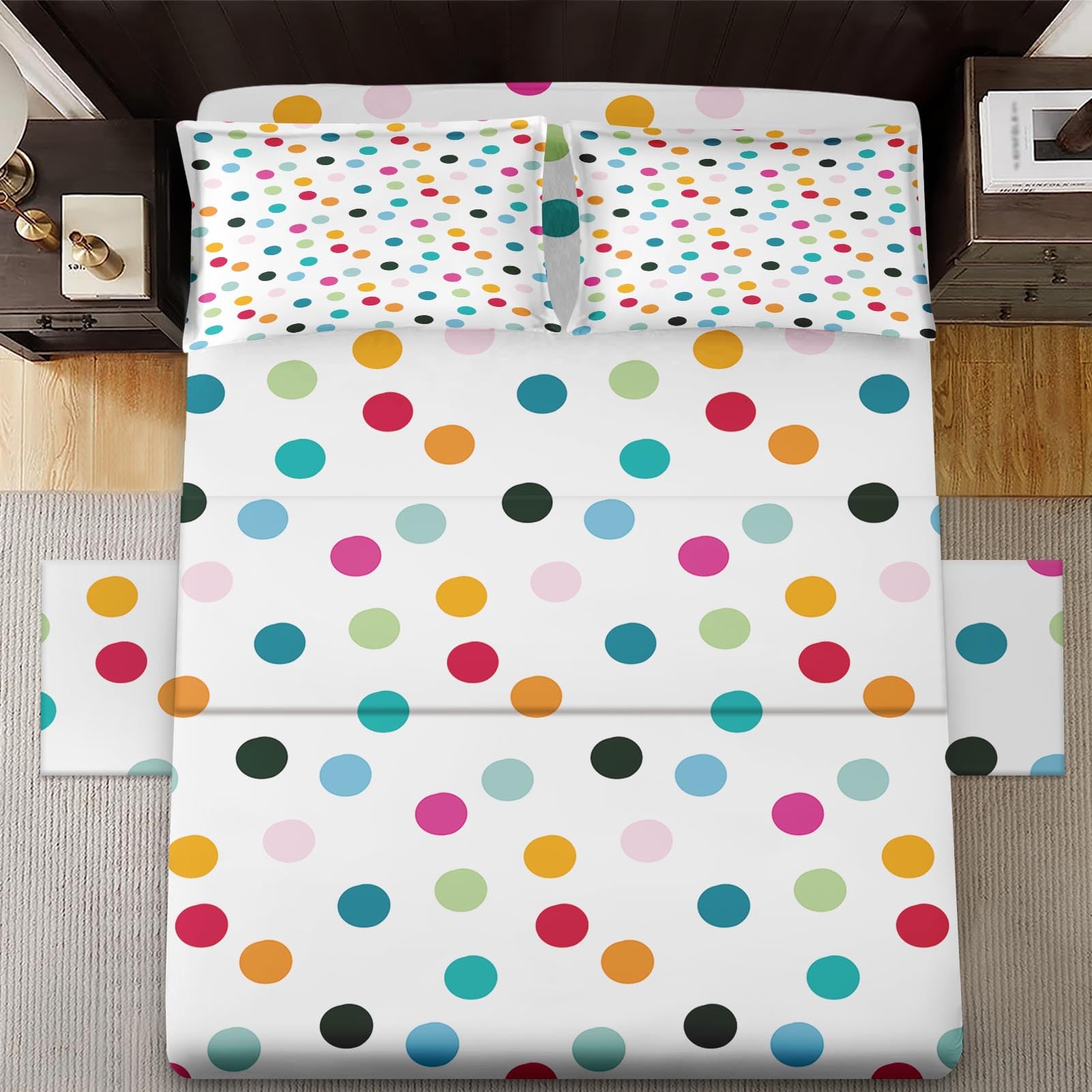 Zzzboro 3 Pcs Fitted Sheet Set Twin Size, Fun Colorful Polka Dots, Bed Decor White Cute Girly Colored Circles Bedroom Sets Pillowcase Bedsheet Bedding Flat Sheet for Kids and Adults