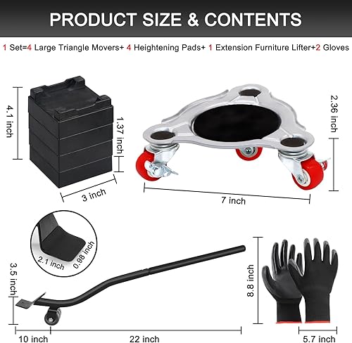 Miniatura 2 de 4 unidades de mudanzas de muebles grandes mejoradas, 4 ruedas rojas, panel de acero al carbono de 7 x 7 pulgadas, soporte resistente, rotación de