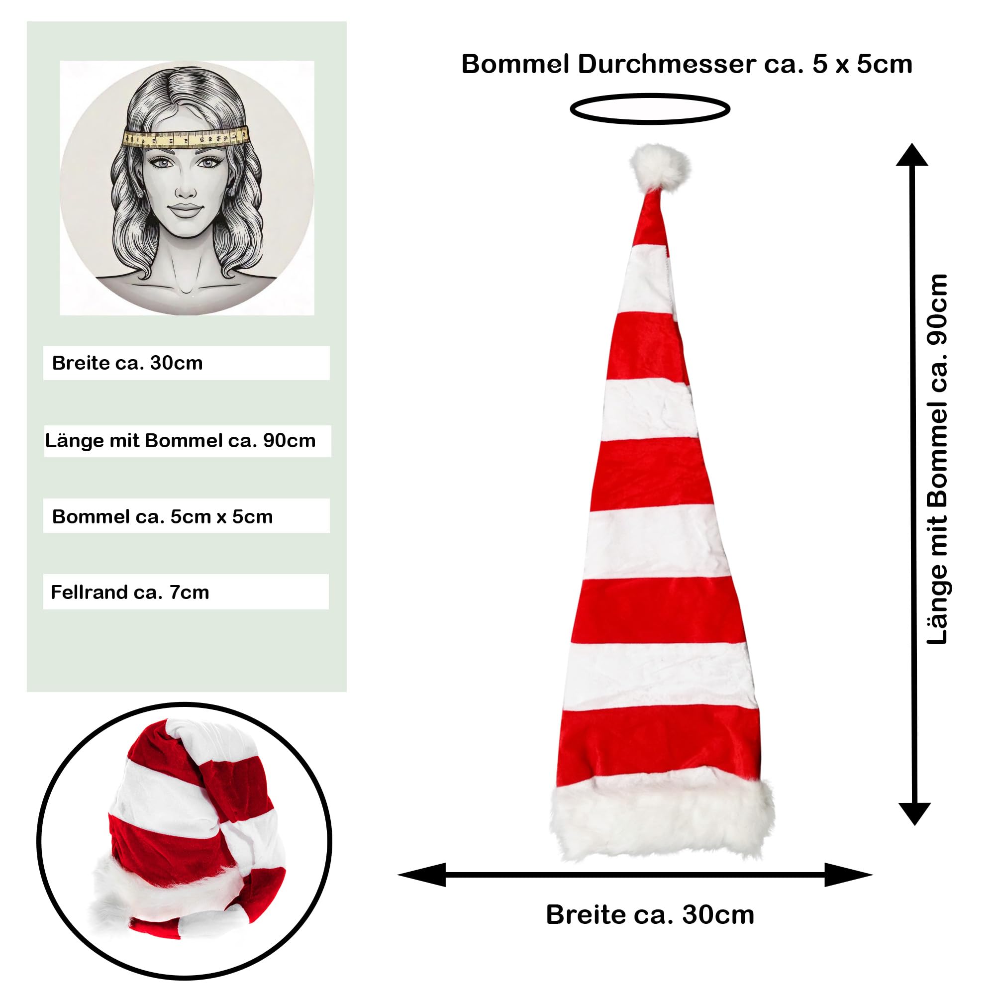 Ciffre 5 er Set Lange Weihnachtsmütze Nikolausmütze Weiß Rot Gestreift Plüsch Rand Nikolaus Mütze X24