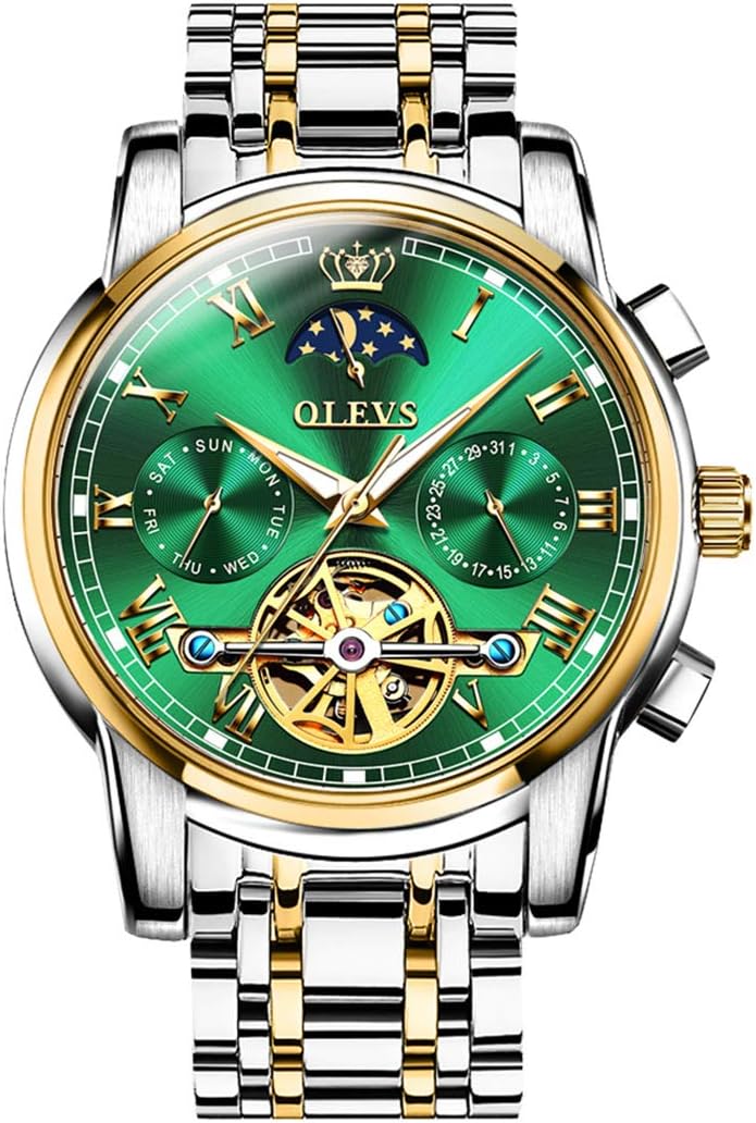 Men's Automatic Mechanical Watch Self Winding Luxury Dress Tourbillon Moon Phase Stainless Steel Waterproof Luminous Chronograph Wrist Watches