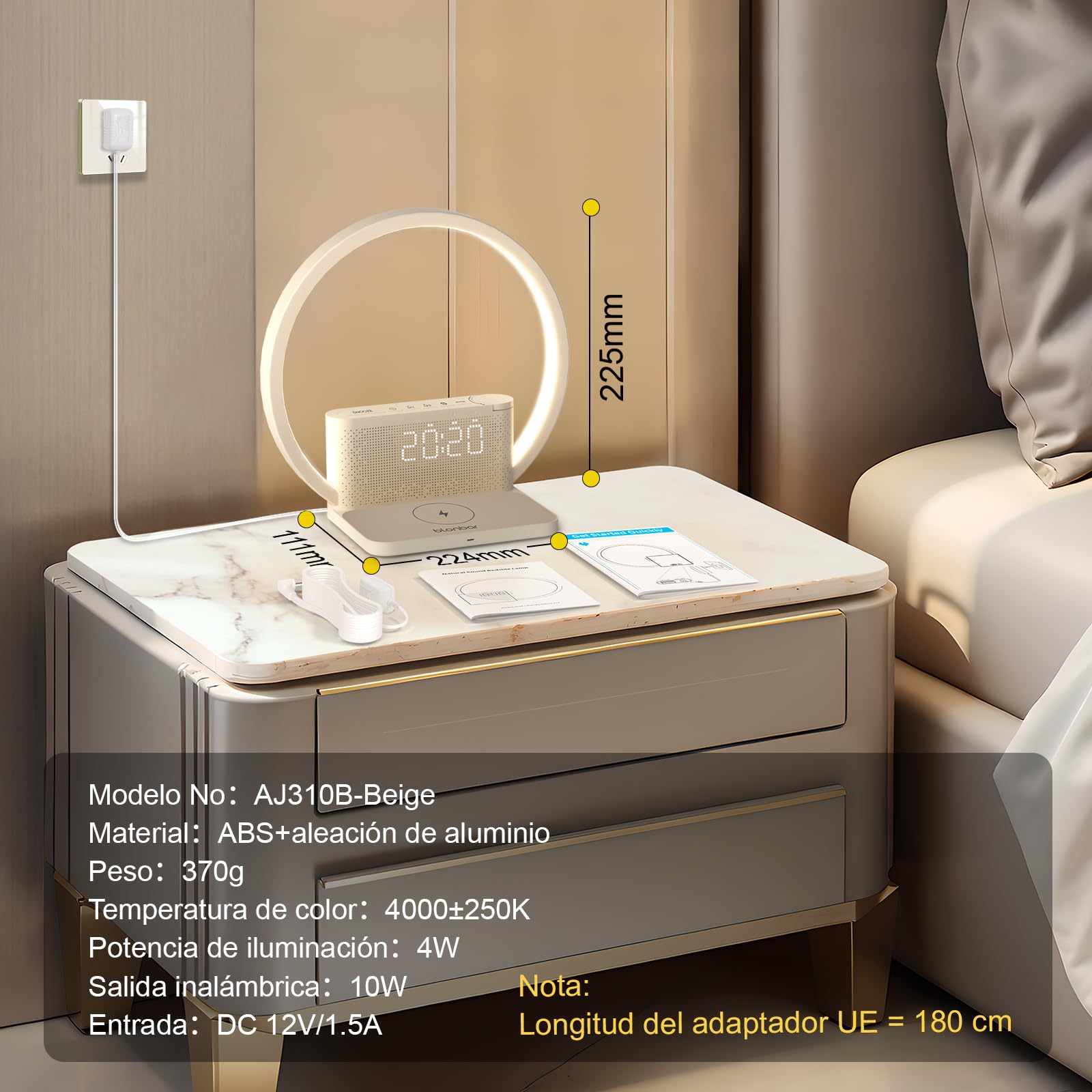 blonbar Lámpara de mesilla de noche con despertador iluminado, luz para despertarse, cargador inalámbrico de 10 vatios,3 niveles de brillo atenuación táctil, música, ayuda para dormir en el dormitorio