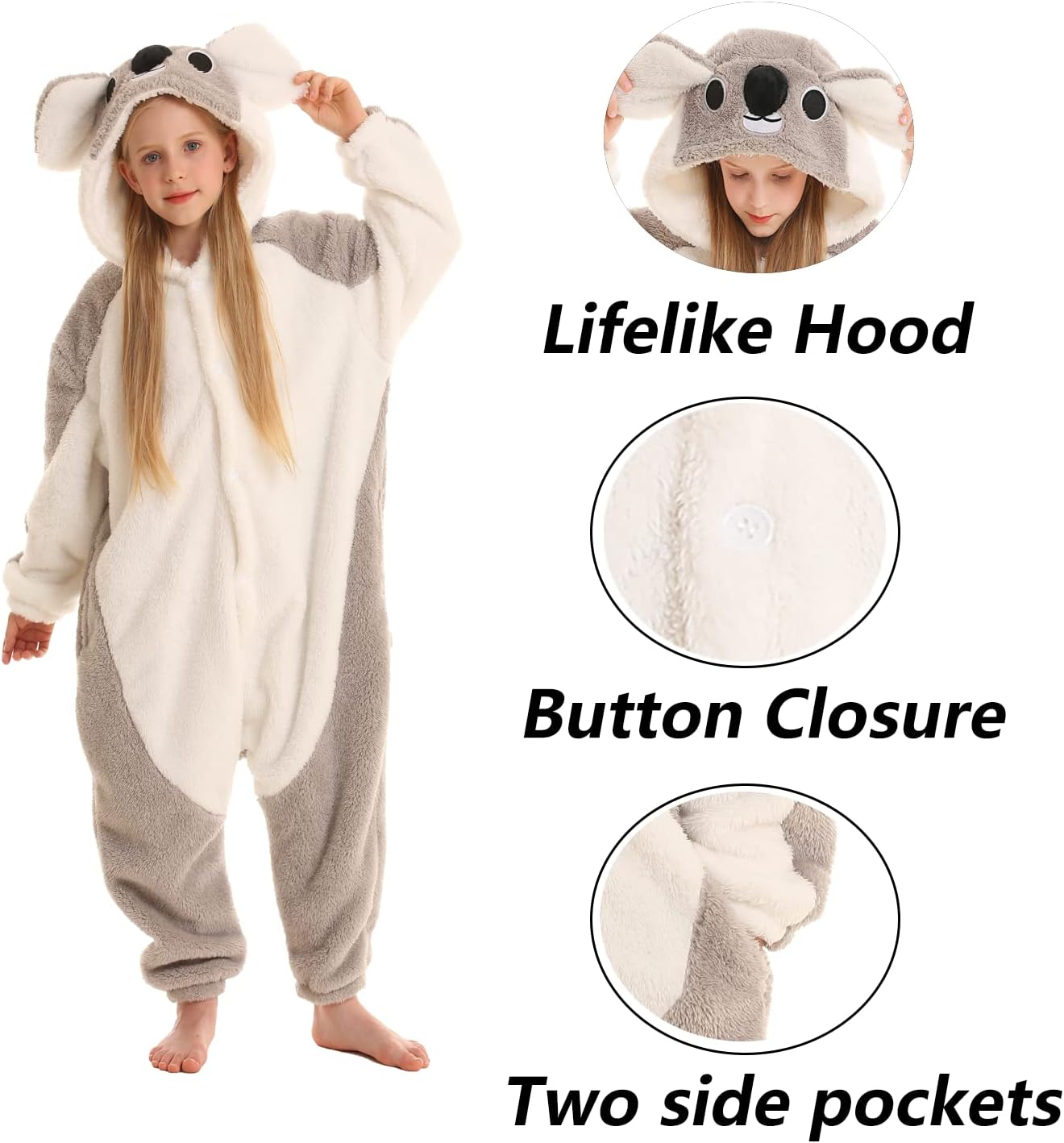 SimZoo Kids Animal Pajamas, Boy Girls Koala Cosplay Costume Sleepwear, One-Piece Unisex Homewear 3-11Y - Image 4