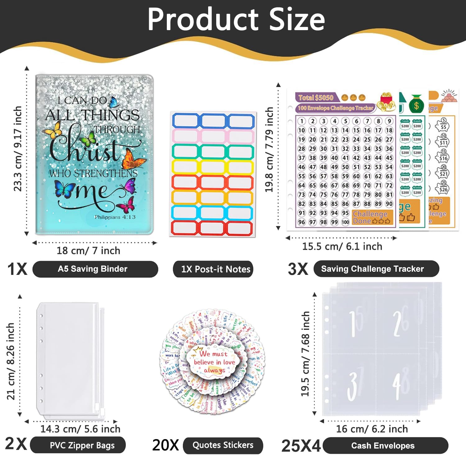 100 Envelopes Money Saving Challenge Binder, A5 Budget Binder with Envelopes and Challenge Tracker, Savings Challenges Planner Book to Save $5050,Bible Verse Gold Phil 4-13 Butterfly
