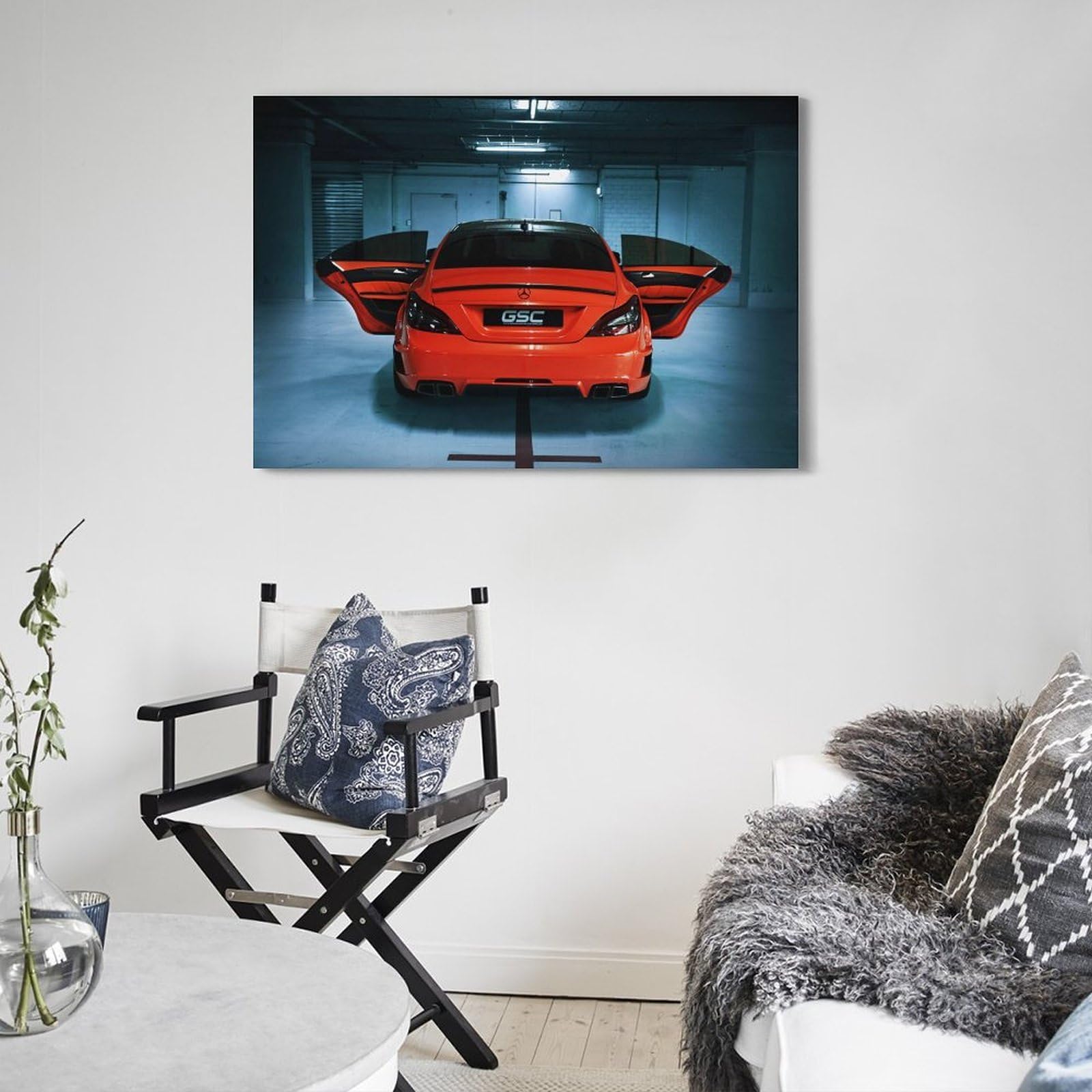 Sportwagen-Poster, CLS 63, industrielle Garage, dynamische Beleuchtung, dekorative Leinwand, Familie, Schlafzimmer, Kunstwerk, Bild, Gemälde, 60 x 90 cm