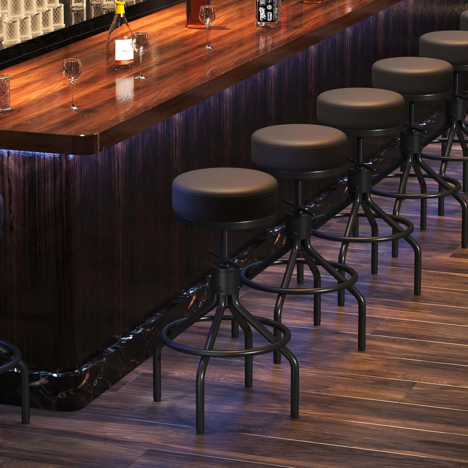 Counter Height Bar Stools Set of 2 Adjustable Swivel Barstools Modern PU Leather 28inch Round Backless Metal Industrial Stool Bar Chair for Kitchen Island (D017-Black-2)