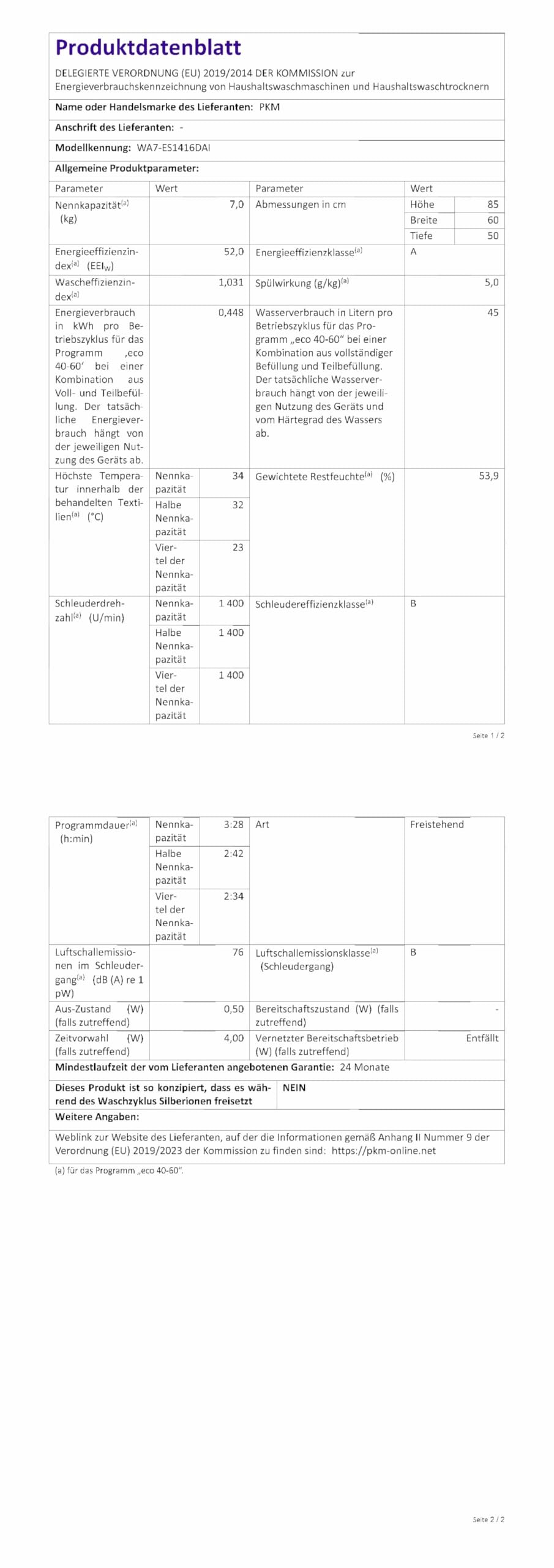 PKM WA7-ES1416DAI 7kg Frontlader Waschmaschine, 60 cm breit, 1400 U/Min, Kindersicherung, Energiesparfunktion, weiß