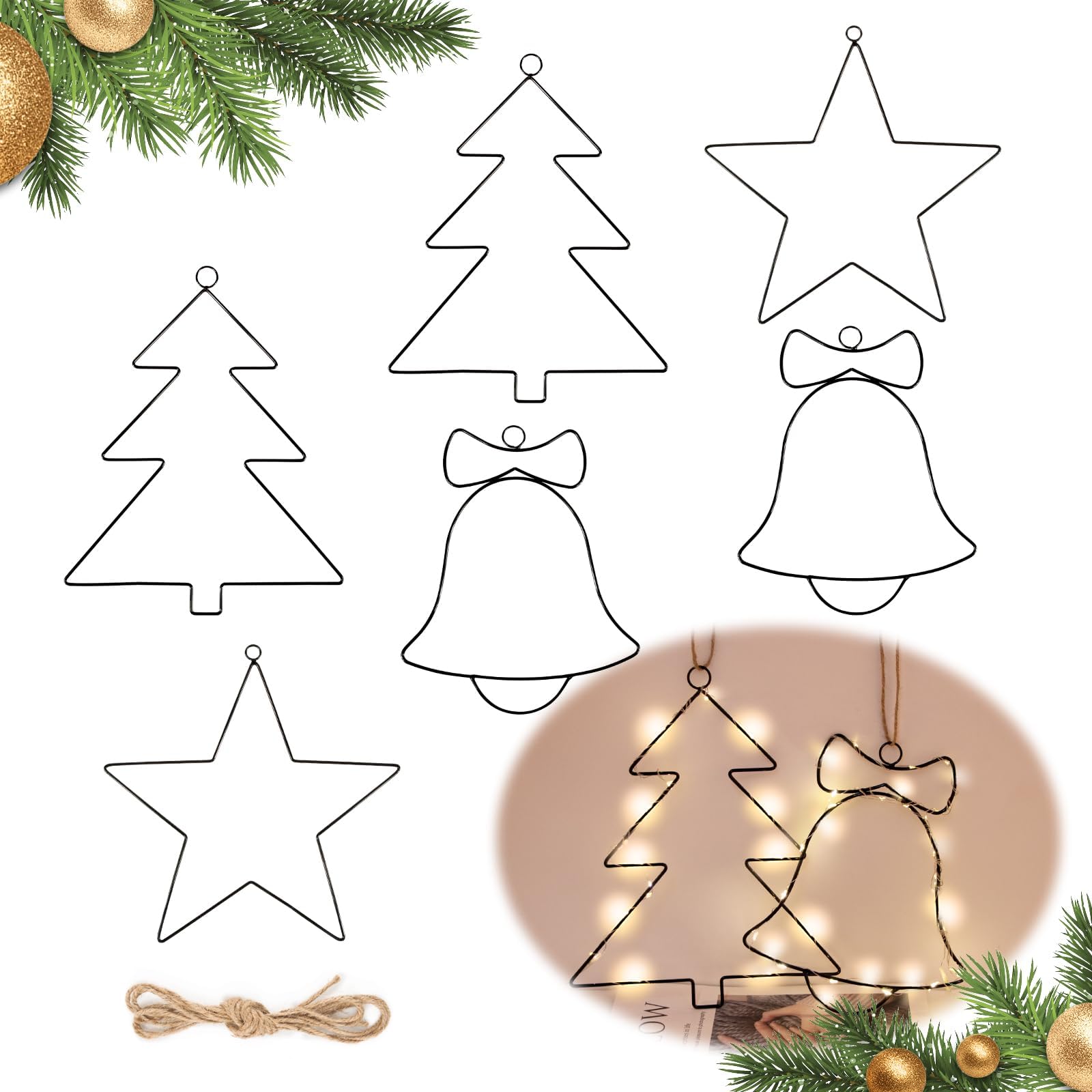 BOFUNX 6pcs Anillos de Metal en Estrella Árbol de Navidad Campana Aros Decorativas de Navidad en Metal Hierro Adorno Navideño Colagnte para Manualidades Decoración Árbol de Navidad Corona Atrapasueños
