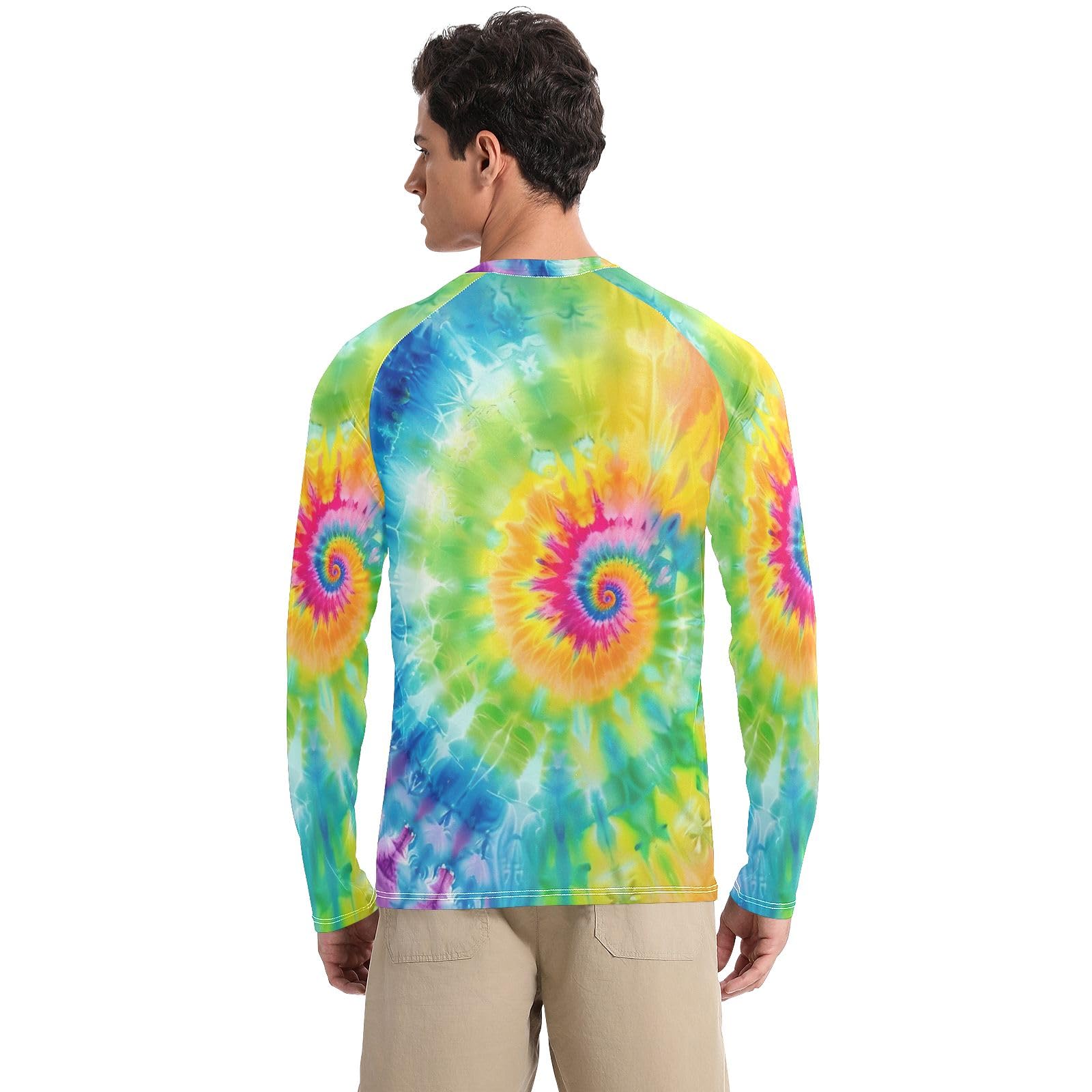 Colorful Tie Dye Men Rash Guard UV Sun Protection UPF 50+ Sun Shirt Long Sleeve Quick Dry Athletic Workout Tshirts, Large