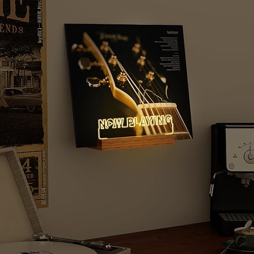 Miniatura 2 de Now Playing - Soporte para discos de vinilo, decoración de exhibición, base de madera LED con luces blancas cálidas suaves, regalos de
