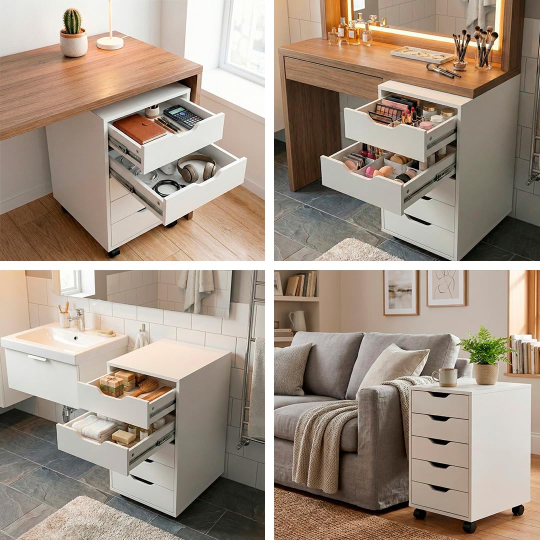 Marctani Cajonera Escritorio Blanca con 5 Cajones y Ruedas, Mueble Archivador Oficina de Madera para debajo de Mesa, Cajonera Pequeña y Estrecha (Fondo 30cm), Mueble Impresora con Ruedas