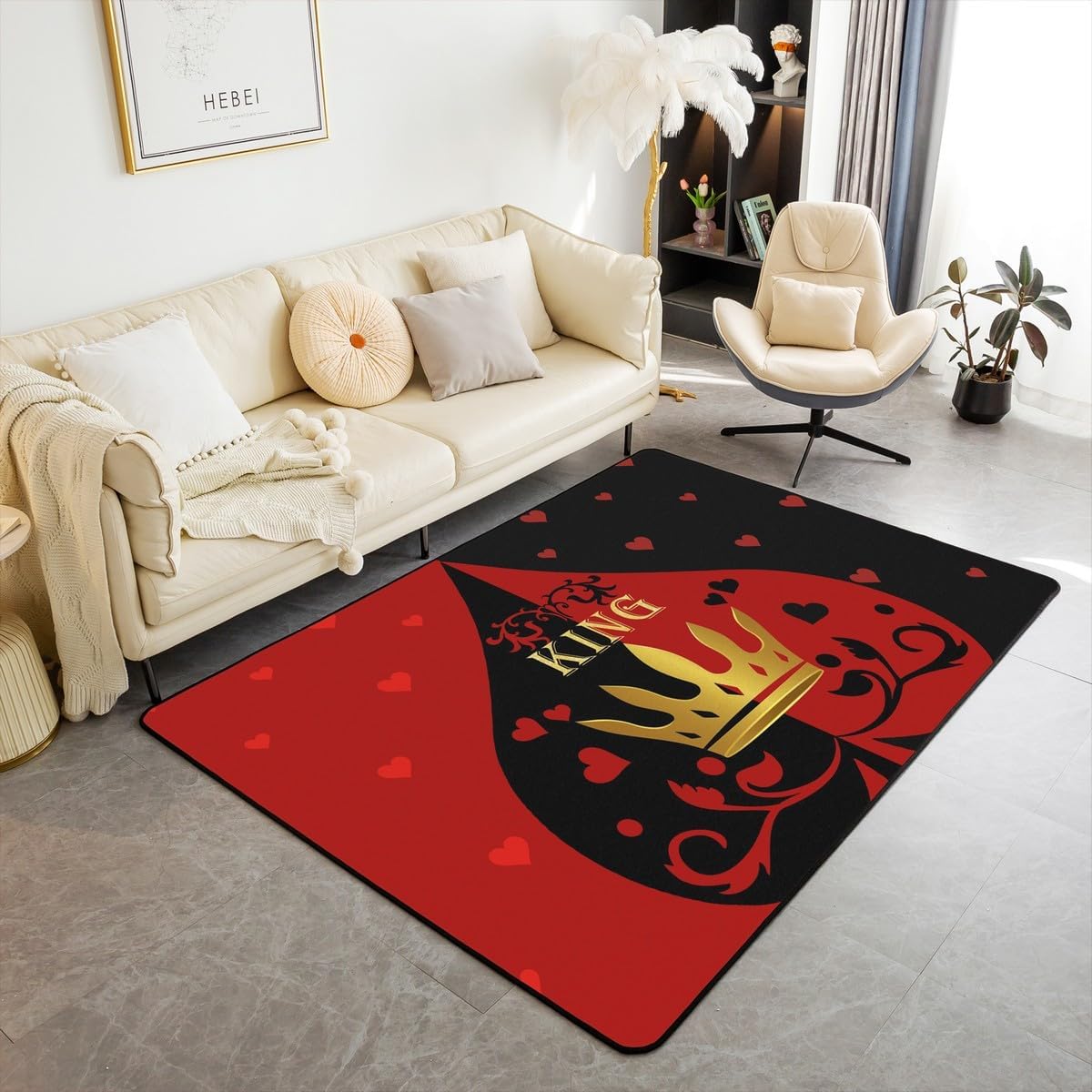 Manfei King Crown Kids Area Rug Red Hearts Print Floor Mats Rugs for Boys Girls Room Decor, Black and Red Decorative Rug for Living Room, Absorbent Carpets, 3'x5'