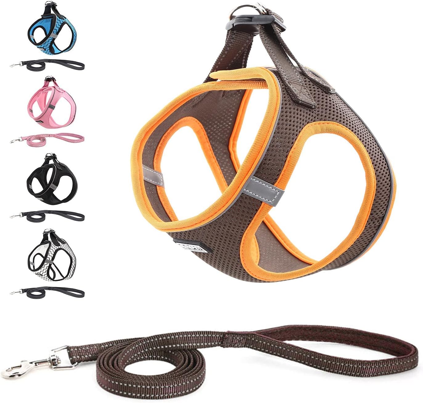 Pet Reflective Soft Mesh Dog Harness and Leash Set, No Pull Breathable Padded Step in Vest Harness Leash Set, Comfort Training Walking for Cats Puppy/Small Dogs-Marron||M (41-46 cm)