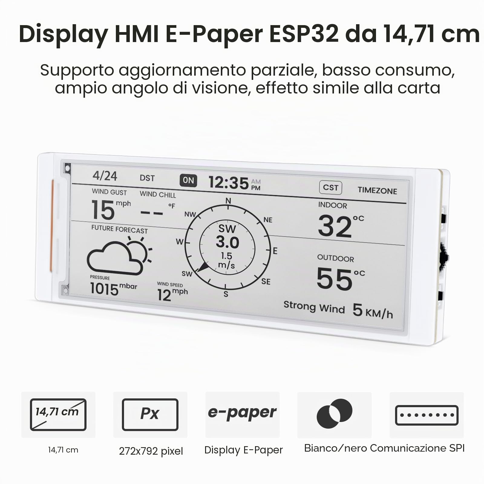 ELECROW ESP32 Display a inchiostro elettronico da 5,79 pollici, CrowPanel Display E-Paper HMI Compatibile con Arduino IDE, Schermo E Ink con risoluzione 272x792 a colori bianco/nero, gestito da