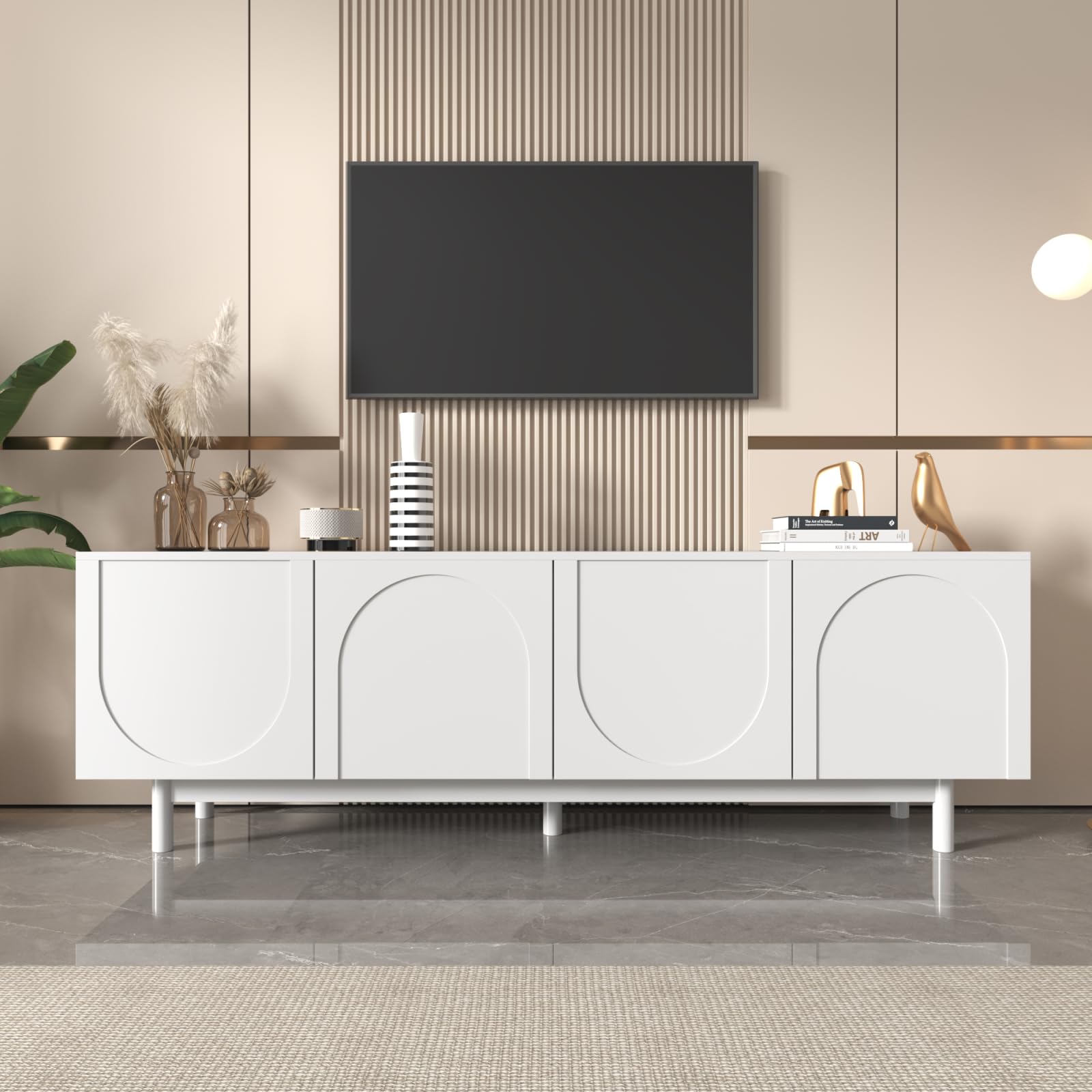Meuble TV 175x38x56cm, léger de Style Luxe, avec 4 Portes texturées, séparateurs réglables, Blanc