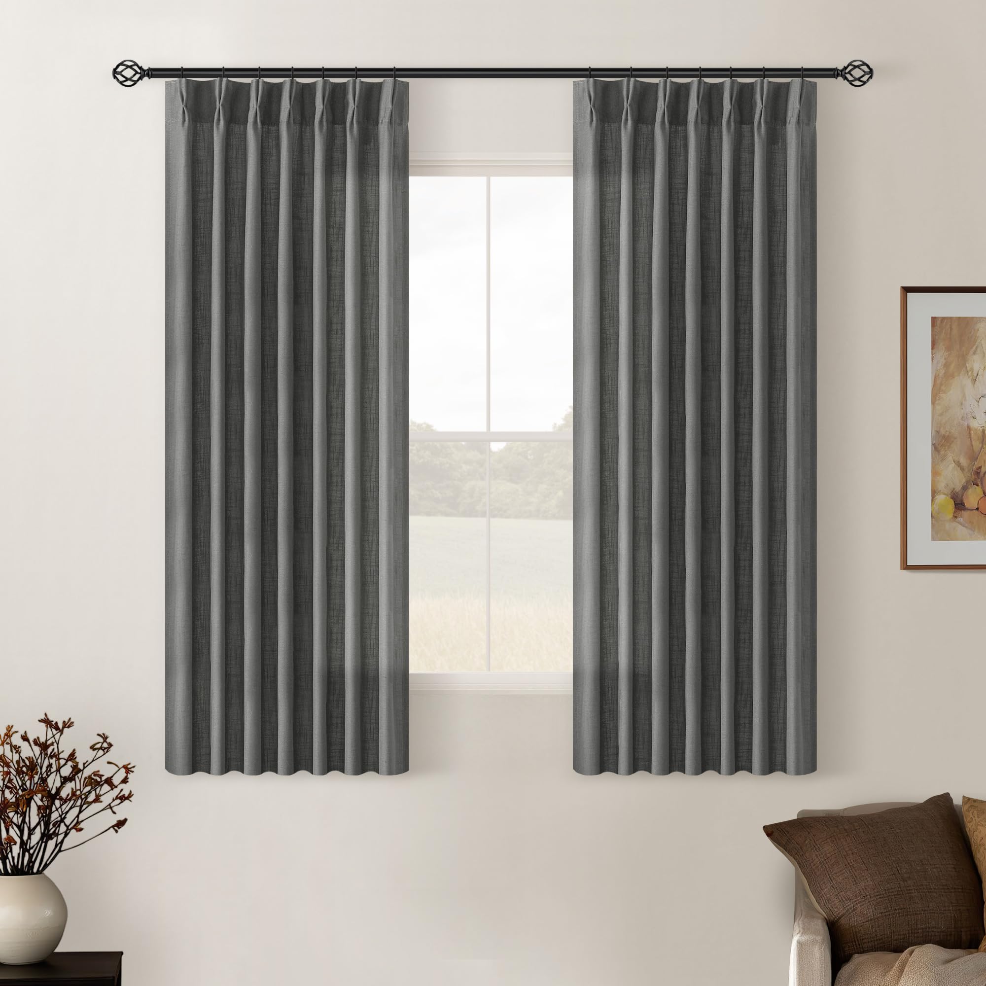 Charcoal Grey Pleated Linen Semi Sheer Curtains 45 Inch Length 2 Panels