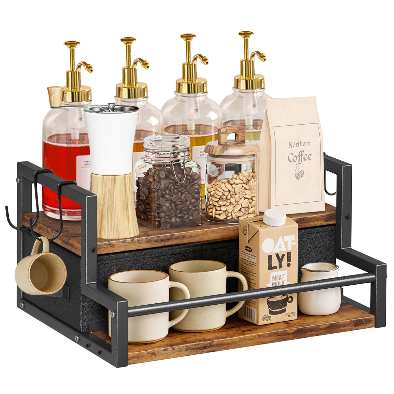 Organizador de Café con Cajón de Almacenamiento, Estantería de 2 Niveles de Madera para Cafetera y Accesorios - Barra de Café para Cocina, Hogar u Oficina (Marrón)
