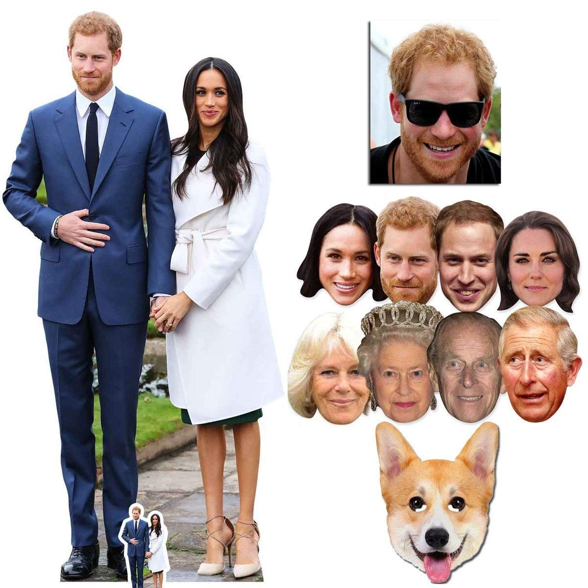 Ventilateur carton Prince Harry et Meghan Markle avec masque pour fete