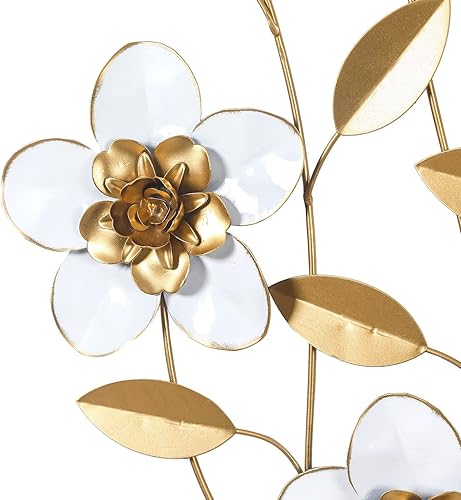 Vista 14 de Asense Decoración de pared de flores de metal de 37 pulgadas, arte de pared de flores blancas y doradas, escultura de hojas colgantes, decoración