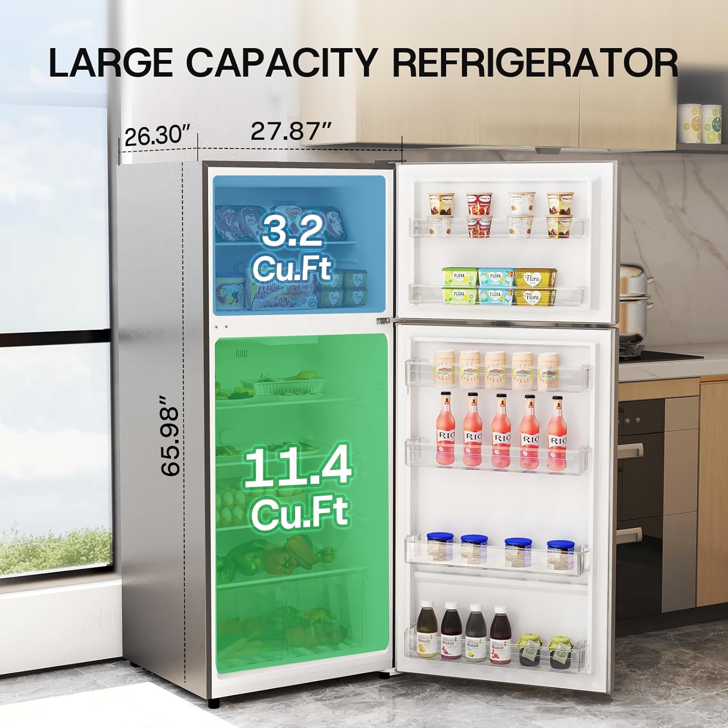 Upstreman 14.6 Cu.Ft. Refrigerator with Top Freezer, 2 Door Fridge with Electronic Thermostat, ENERGY STAR, Low Noise, Frost Free Top Freezer Refrigerator, Reversible Door, Stainless Steel-BD146
