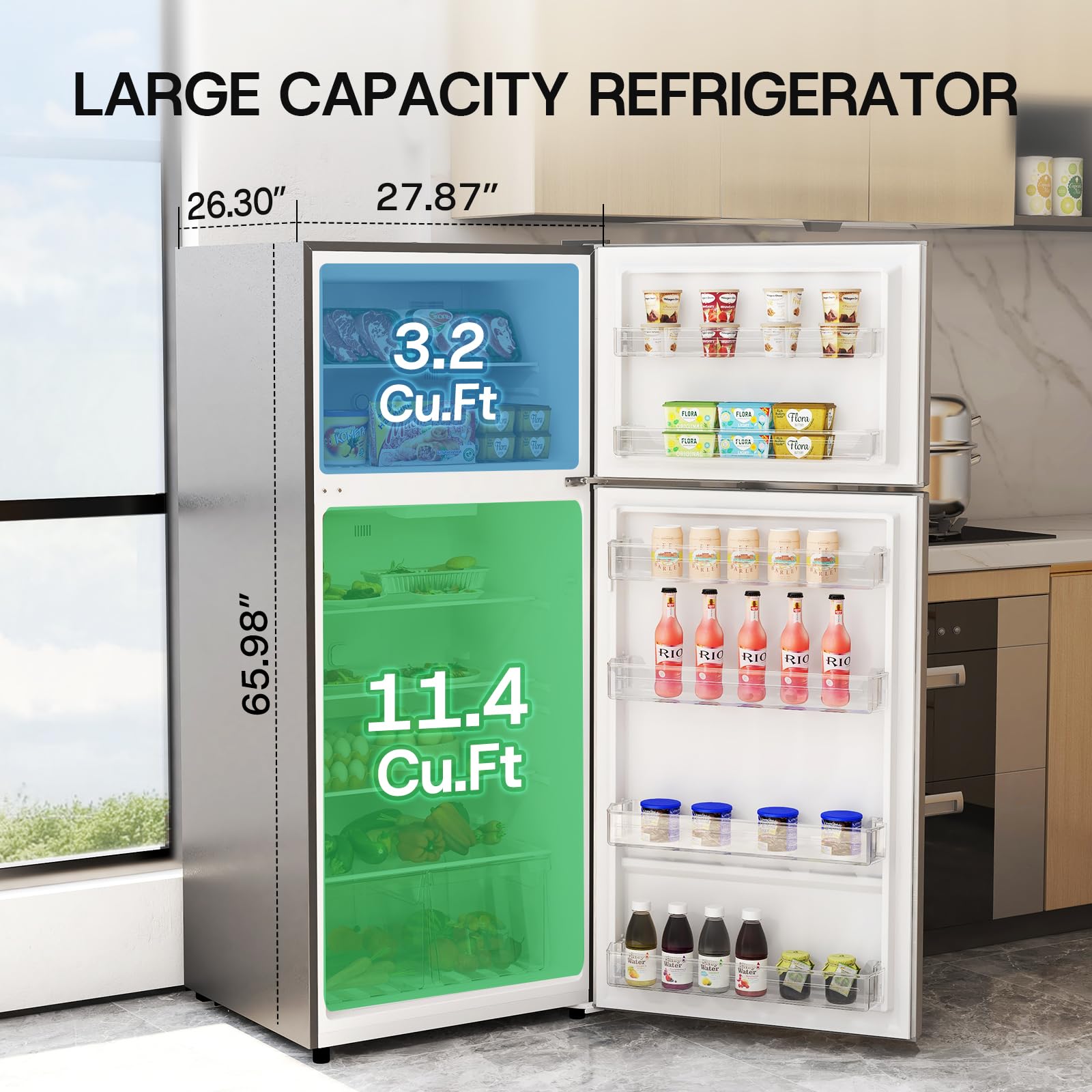 Upstreman 14.6 Cu.Ft. Refrigerator With Top Freezer, 2 Door Fridge With Electronic Thermostat, Energy Star, Low Noise, Frost Free Top Freezer Refrigerator, Reversible Door, Stainless Steel-Bd146 on Fridge.com - View 2