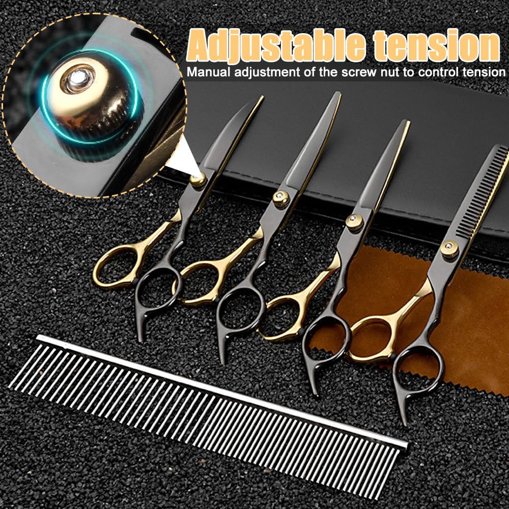 Hundepflege Schere Set, 7-in-1 Tierpflegeschere aus Edelstahl mit Runden Sicherheitsspitzen, Hundeschere Fellschere, Gebogene Katzen Trimmschere für Katzen und Hunde