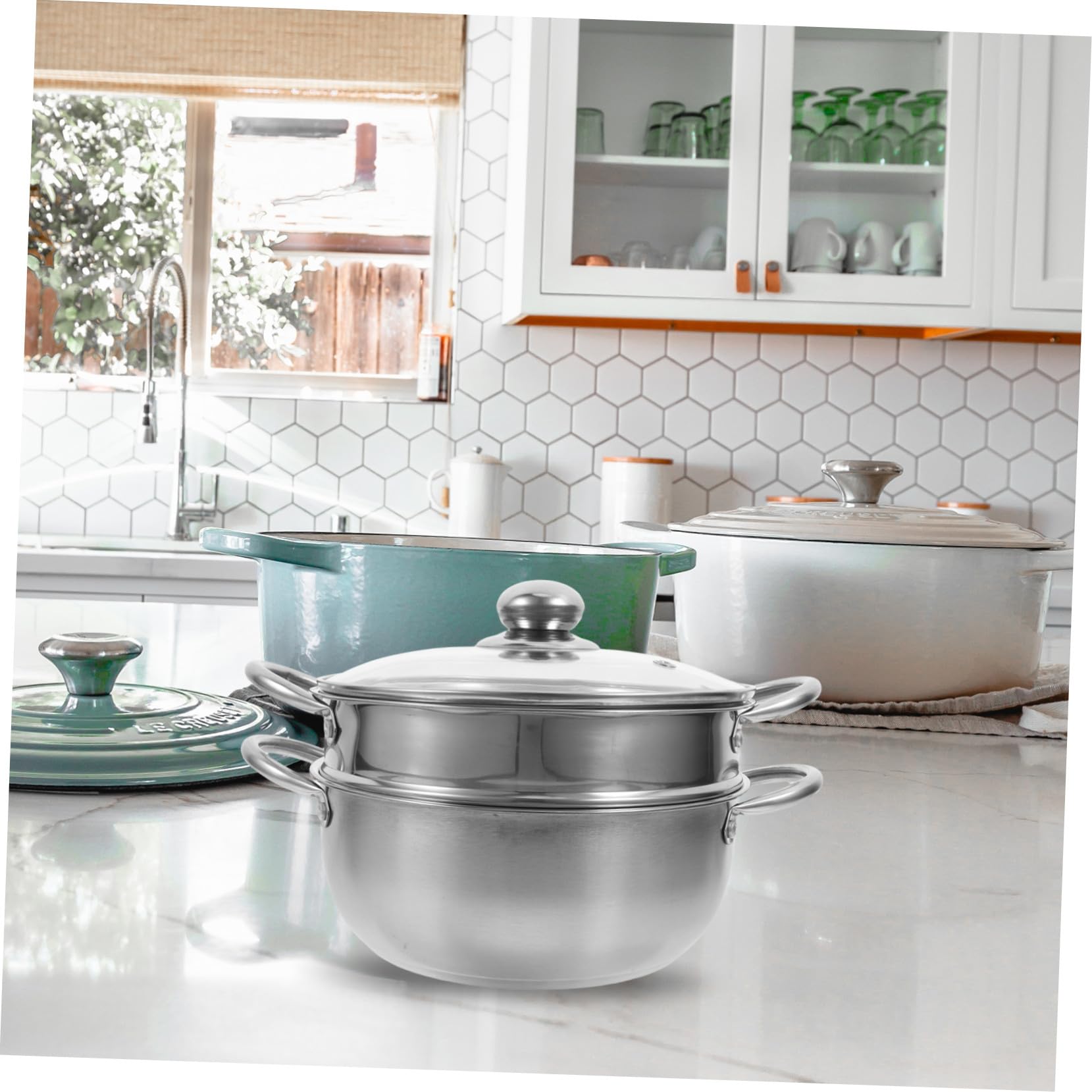 Gatuida Olla Acero Inoxidable Vaporera de Doble Capa para Cocinar y Cocer al Vapor, Tapa Alta Asa, Apta Cocina