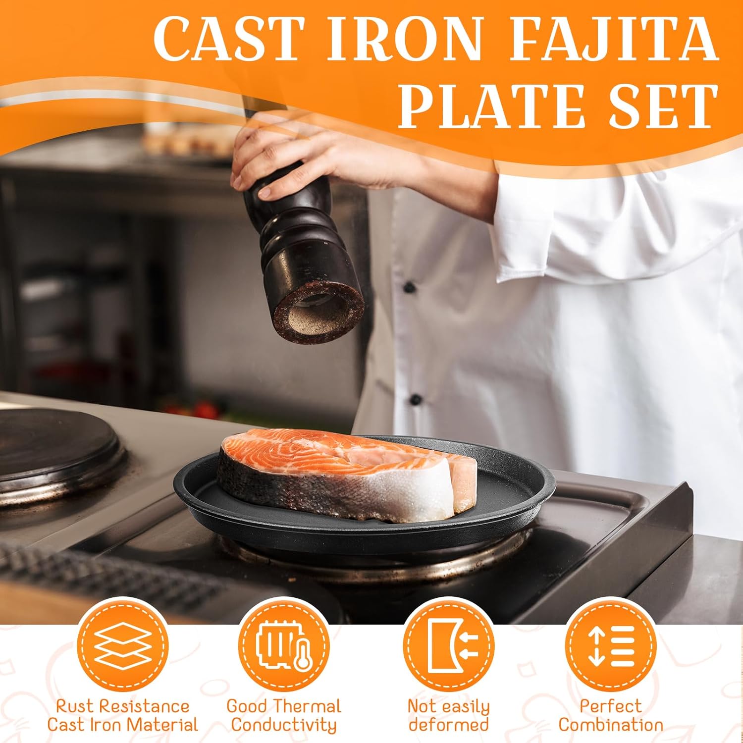 Mimorou 4 Sets Cast Iron Fajita Plate Set 9.45'' Fajita Plate Pan with Wooden Tray Anti Scald Protection Handle Cast Iron Skillet Set for Restaurant Home BBQ Party Restaurant