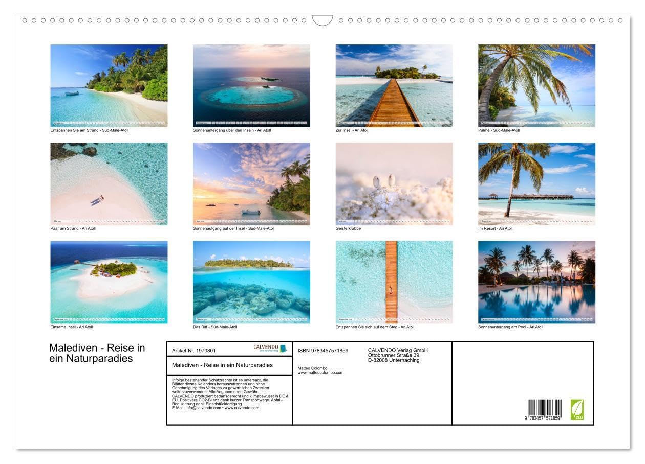Malediven - Reise in ein Naturparadies (Wandkalender 2026 DIN A2 quer), CALVENDO Monatskalender: Wunderschöne Inseln der Malediven (CALVENDO Natur)