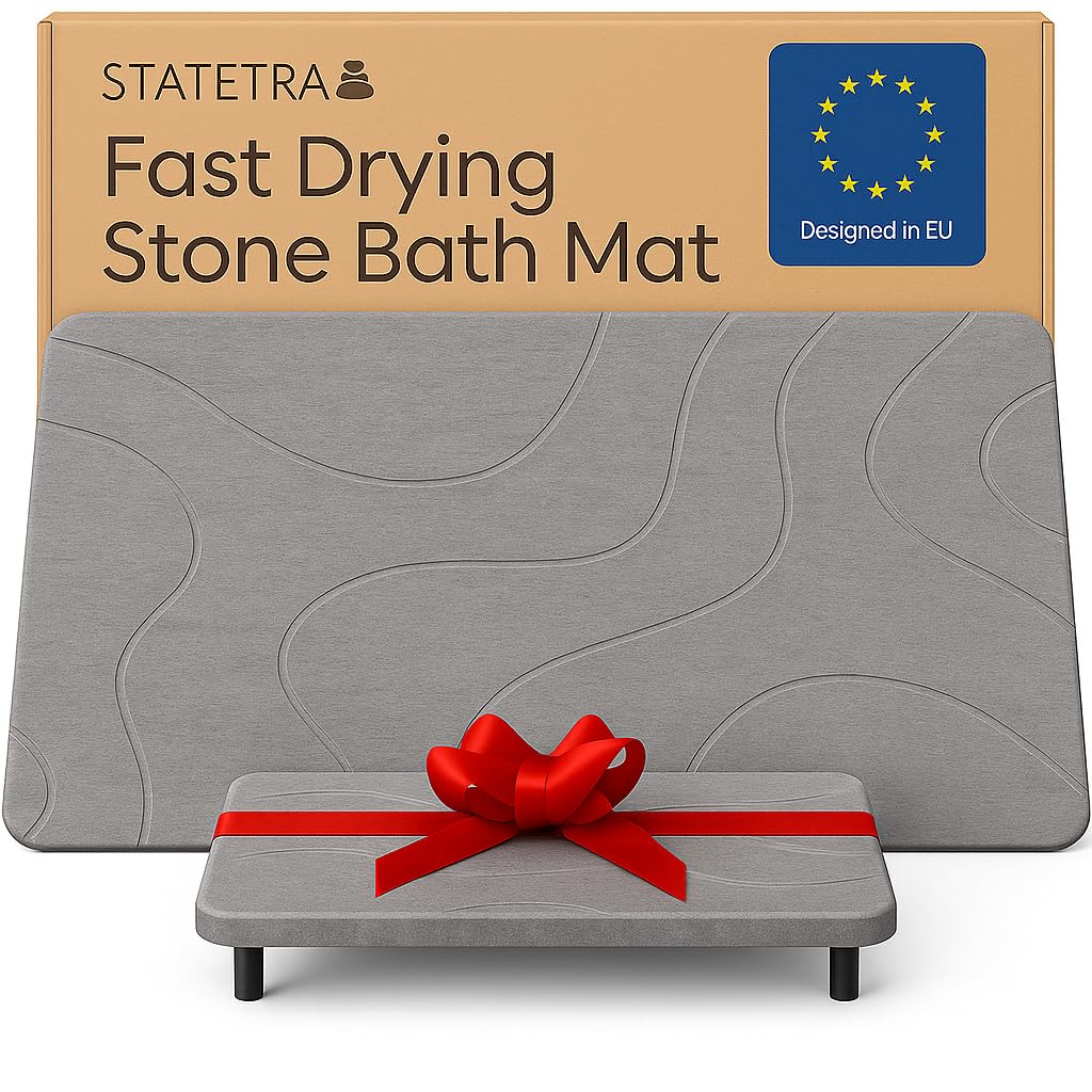 STATETRA Stone Bath Mat | Quick-Dry Absorbing Diatomaceous Earth Bath Mat | 2 Stone Mats - Large & Small Mat for Bathroom | Anti-Slip Diatomaceous