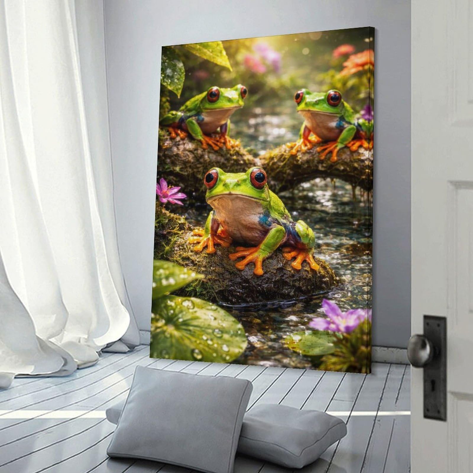 Junmoney Frame-Style-17 Room Decor Wall Art Red-Eyed Tree Frogs In A Lush Forest, 20X30inch(50X75cm), For Lounge Decor, Bedroom Walls Or Flats, Canvas Styling For A Polished Room Look
