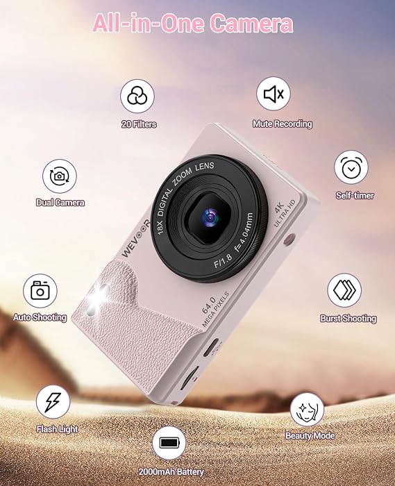 Digital Camera 4K 64MP Autofocus Compact 32GB Pink