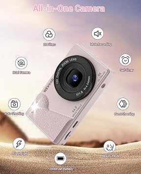 Digital Camera 4K 64MP Autofocus Compact 32GB Pink