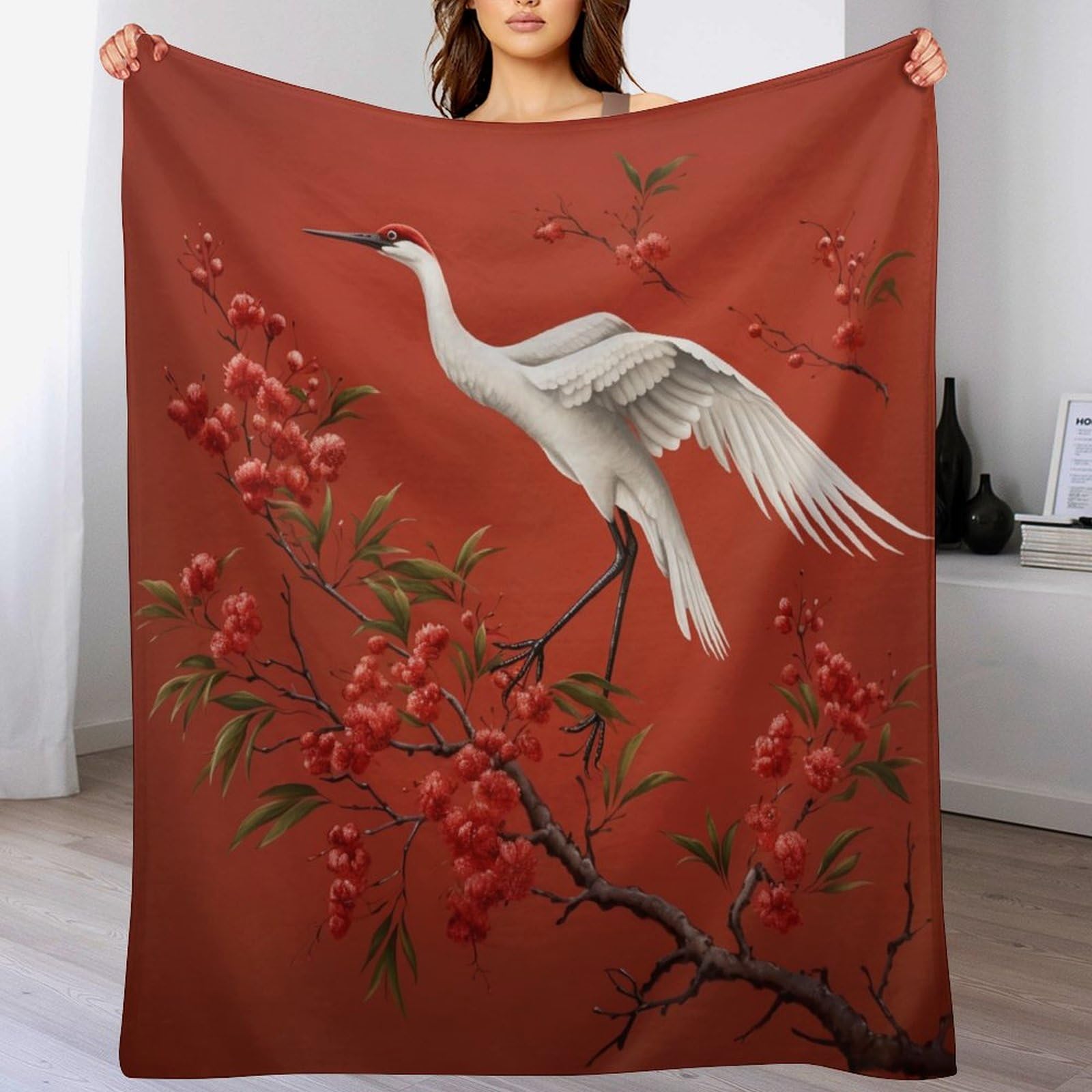 Couverture Grue blanche en flanelle 150x200 cm chaude pour lit
