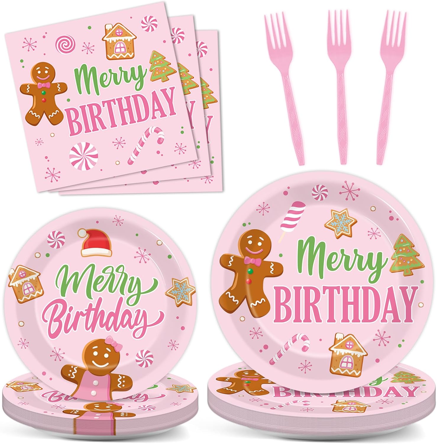 96Pcs Merry Christmas Birthday Paper Plates and Napkins Disposable Red Green Gnome Tableware Set for Christmas Birthday Party Supplies Holiday Baby Shower Table Decorations Serves 24